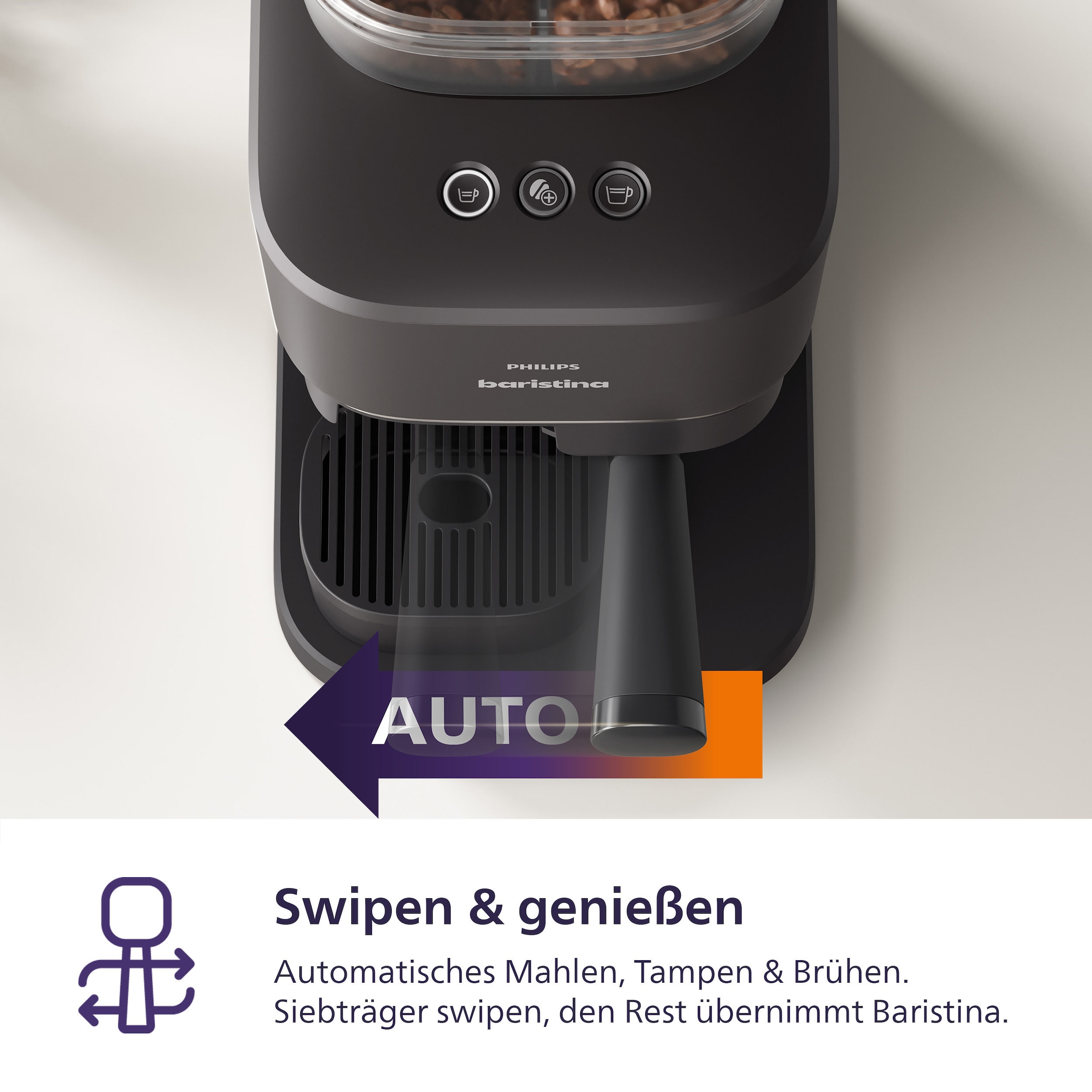 PHILIPS baristina Espressomaschine »mit Bean swap BAR320/60 mit Mahlwerk für ganze Bohnen« Doppelter Bohnenbehälter, 16 bar Pumpendruck, Schwarzgrau