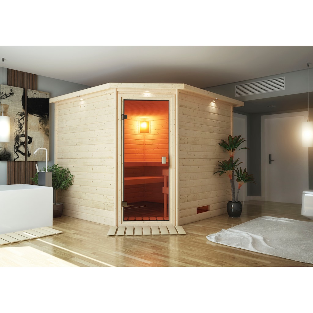 Karibu Sauna »"Leona" mit Kranz und bronzierter Tür naturbelassen«, aus hochwertiger nordischer Fichte
