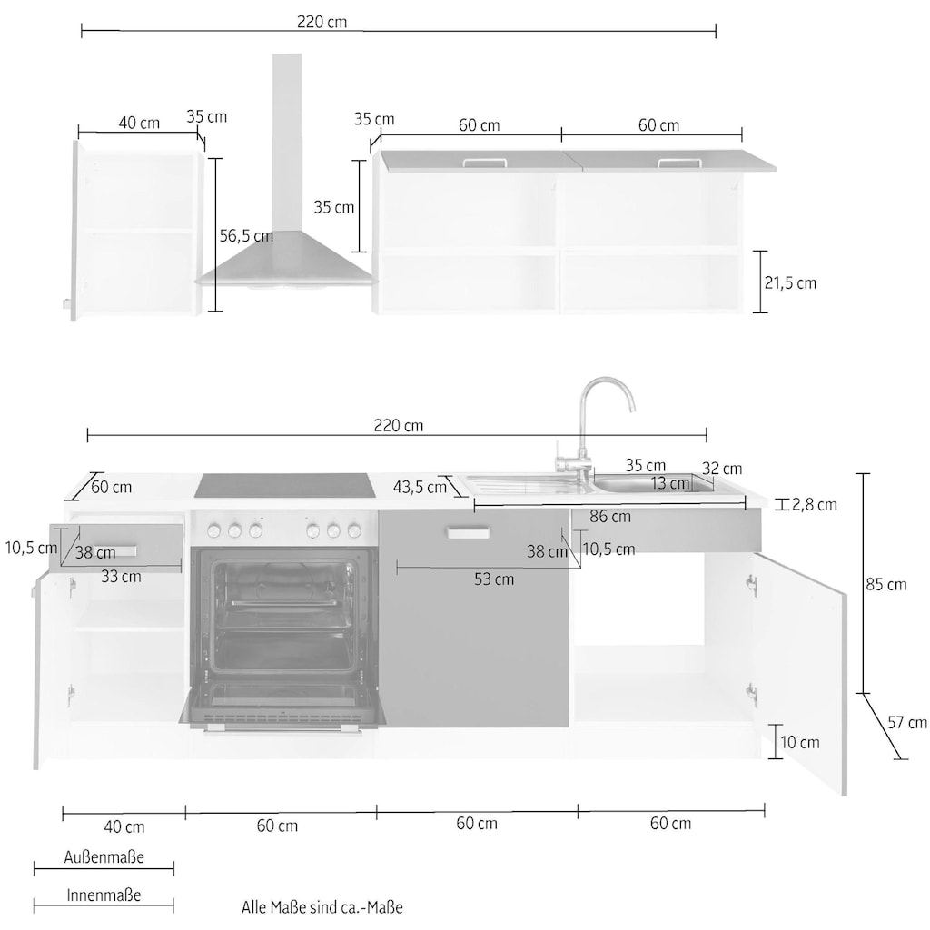 wiho Küchen Küchenzeile »Husum«, mit E-Geräten, Breite 220 cm
