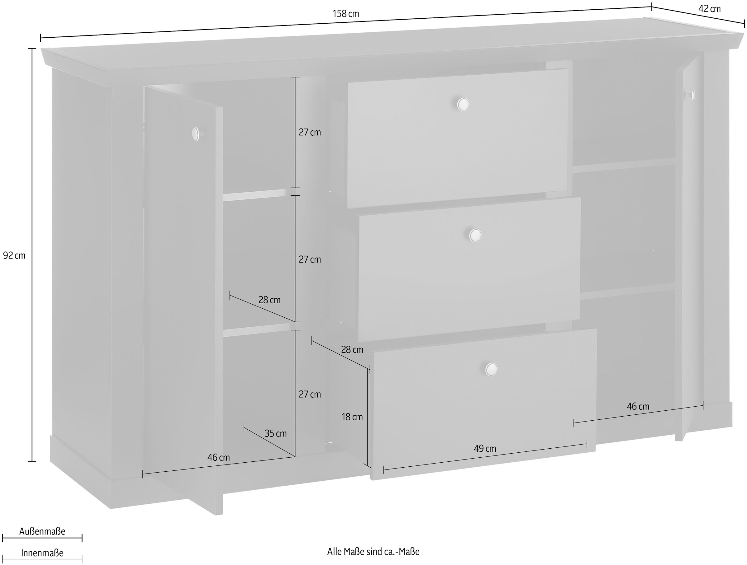Home affaire Sideboard »Lincoln, moderner Schrank, schwarze Kommode, 158 cm breit« edles Design, messingfarbene Knopfgriffe, in 2 Größen verfügbar