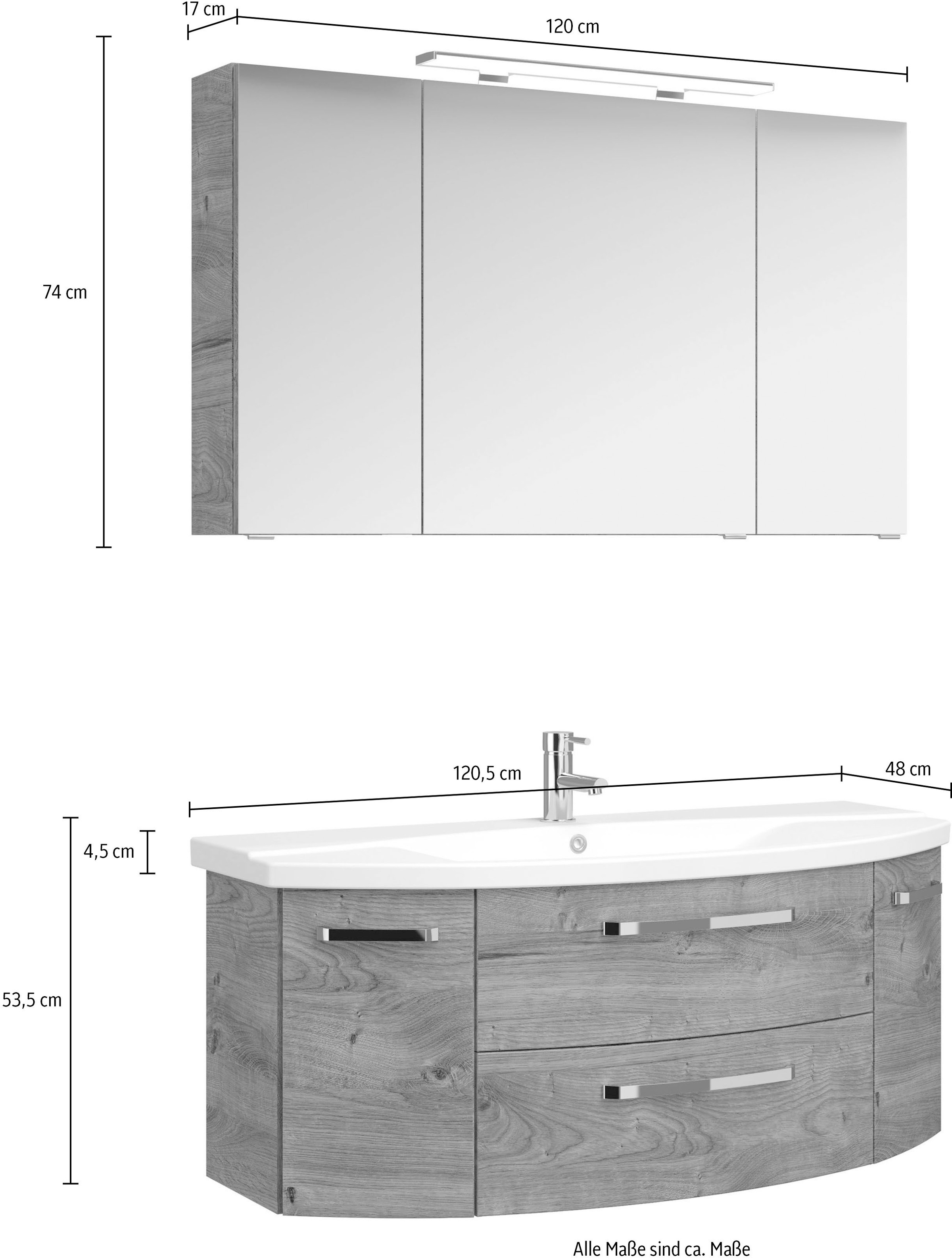 Saphir Badmöbel-Set »Serie 4010 2-teilig Keramik-Waschtisch mit LED-Spiegelschrank«, (Set), Badezimmer Set 120,5 cm breit, inkl. Türdämpfer, 5 Türen, 2 Schubladen