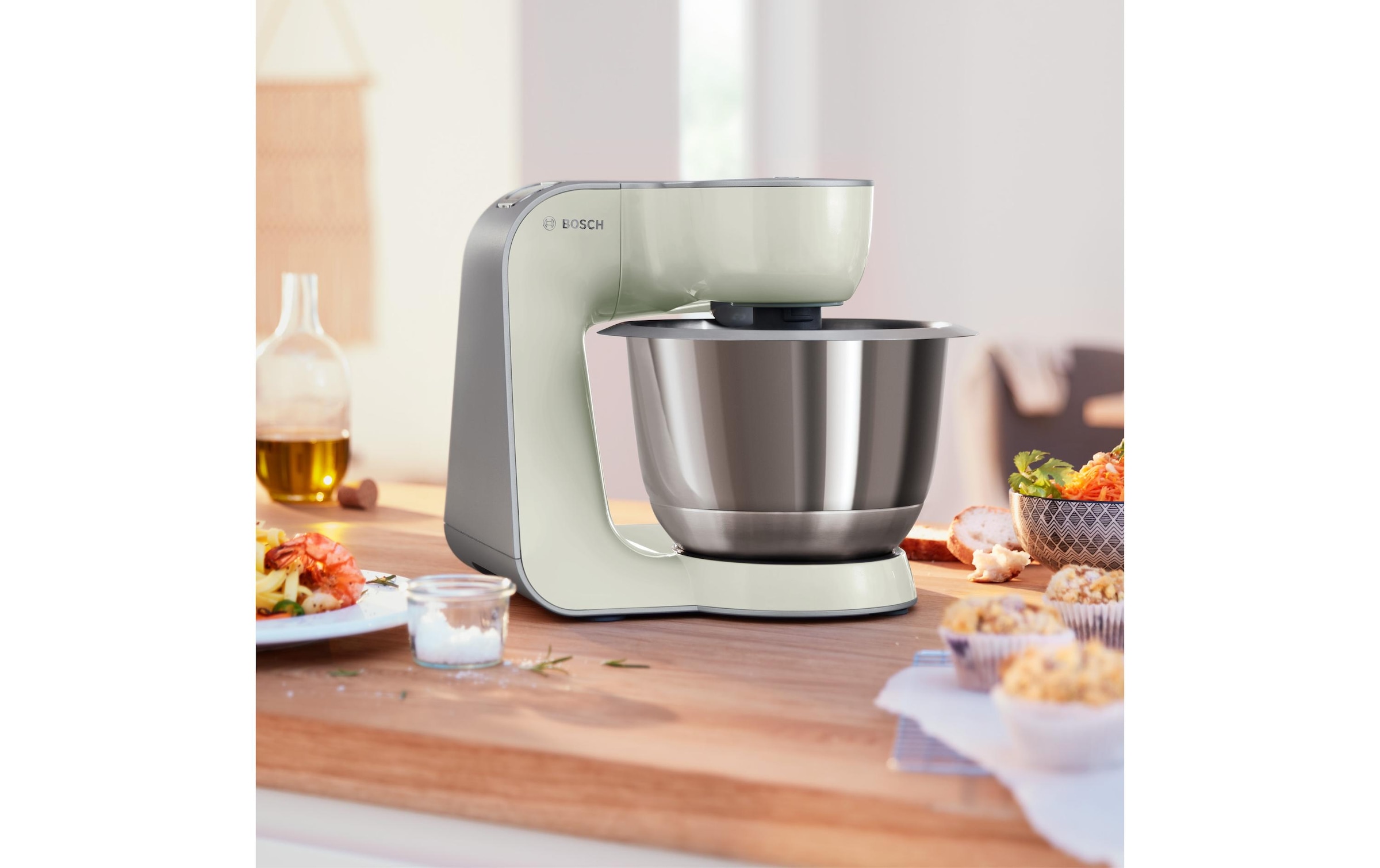 BOSCH Küchenmaschine »Serie 4 MUM58L20, Durchlaufschnitzler, Mixer, grau« 3 Scheiben, Schüssel, Knethaken/Rühr-/Silikonbesen, spülmaschinenfest