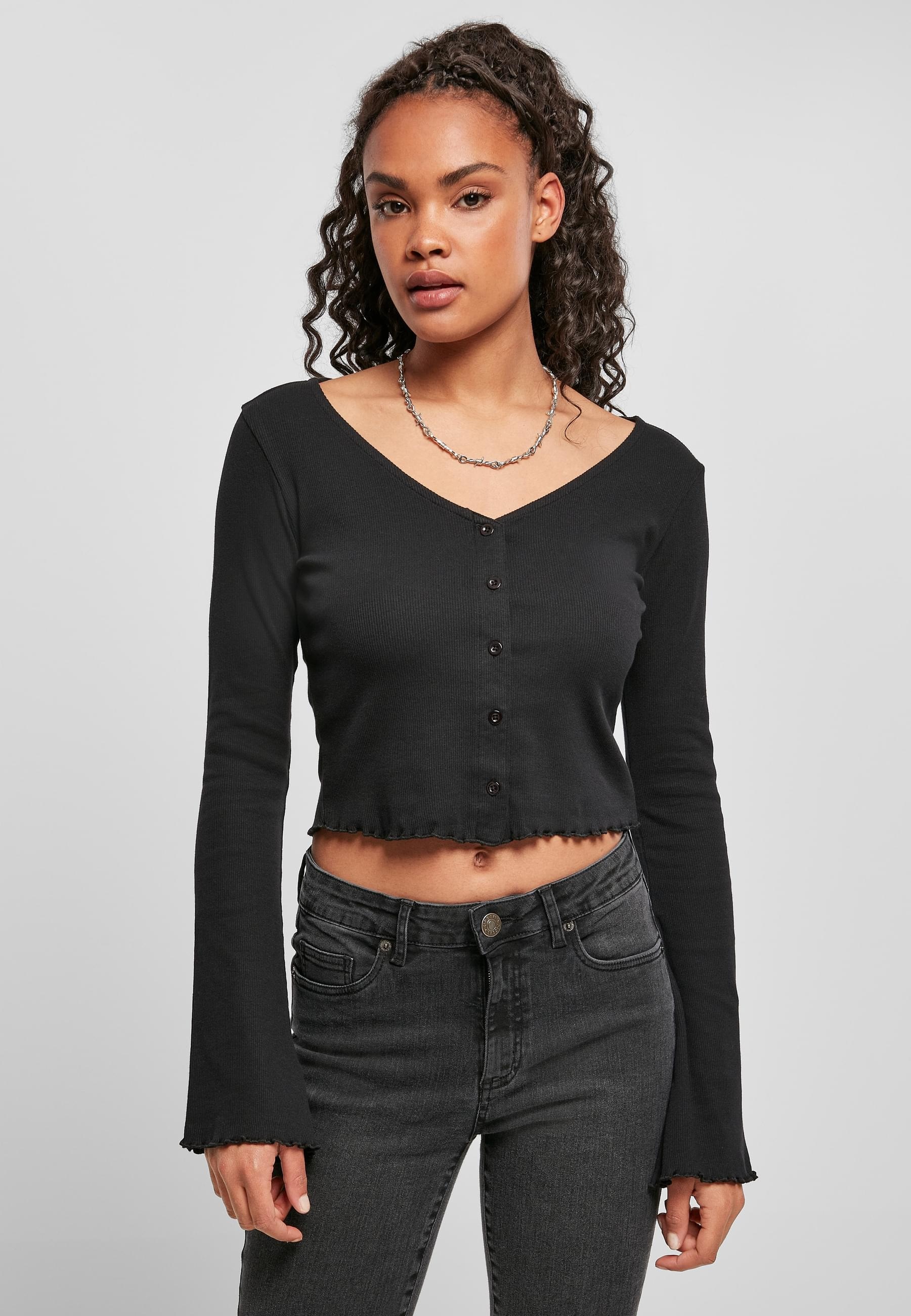 URBAN CLASSICS Langarmshirt »Urban Classics Damen Ladies Cropped Rib Cardigan«, (1 tlg.)
