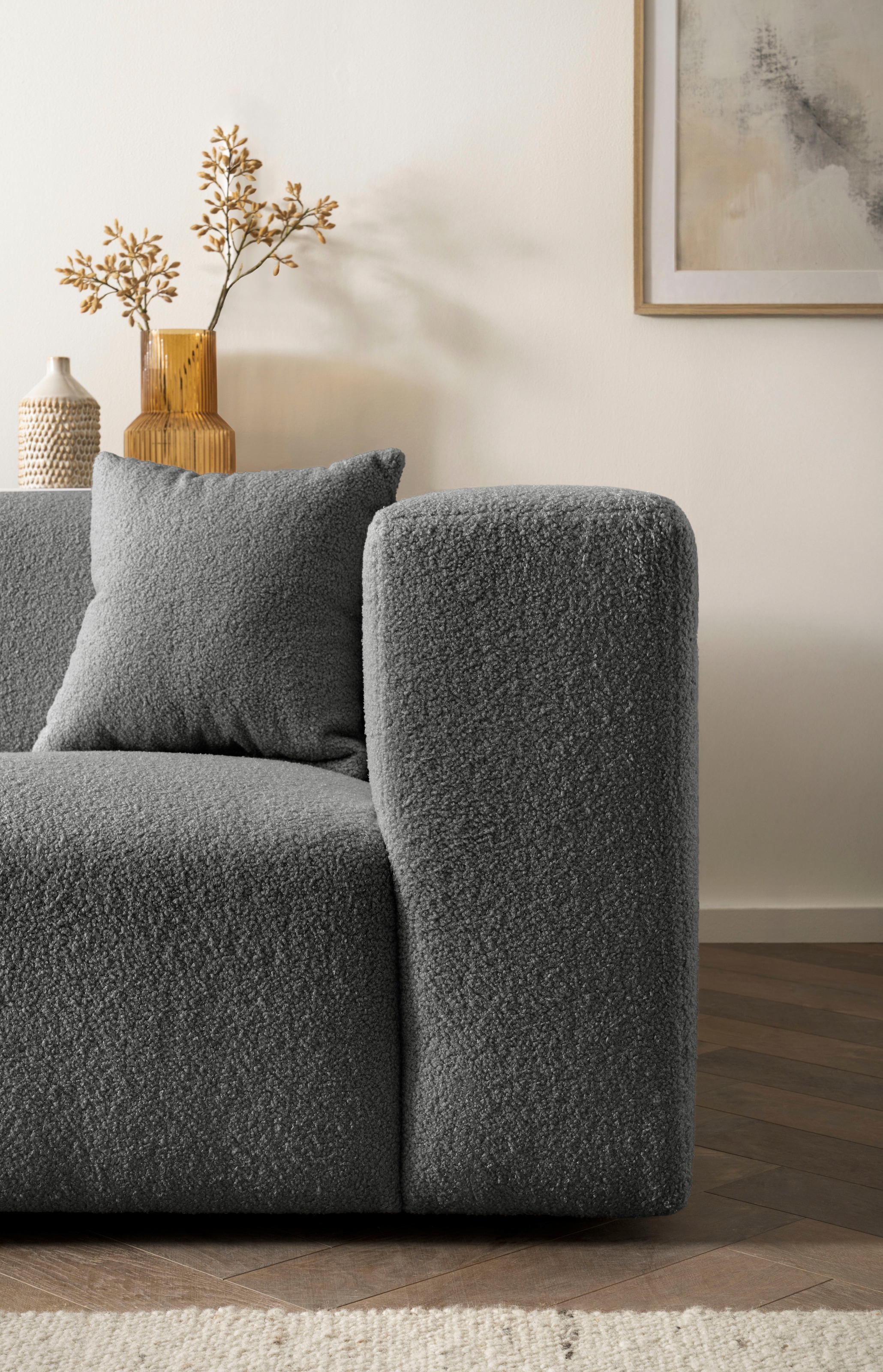 andas Ecksofa »BAKELS, L-Form in Cord oder Boucle-Stoff, moderne Couch«, wahlweise Recamiere rechts/links, bequemer Sitzkomfort