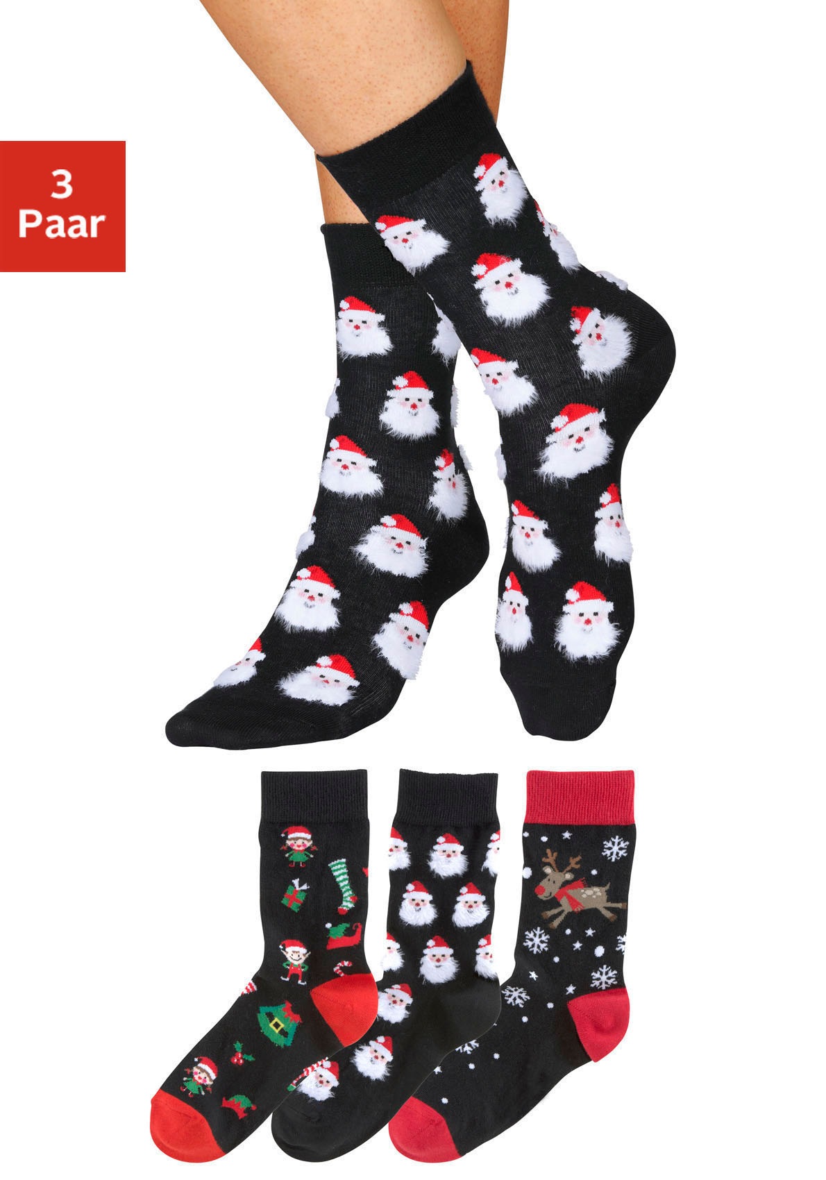 H.I.S Socken "Weihnachten lustige Socken für Damen, Atmungsaktiv" Packung, Crew Socken, 3 Paar tlg. mit lustigen Weihnachtsmotiven