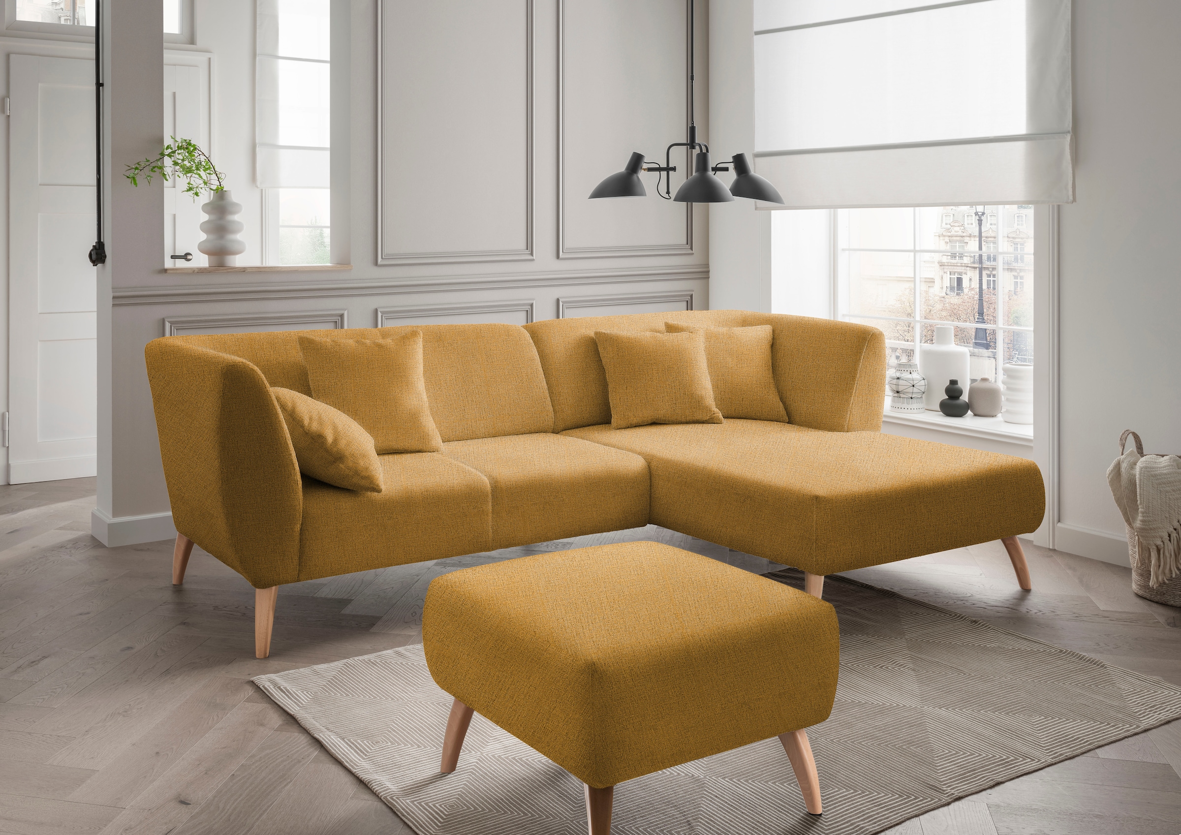 Home affaire Ecksofa "Lazio modern und bequem, schmale Armlehnen, tolle Detailverarbeitung" Holzfußfarbe wählbar, inkl. 4x Zierkissen