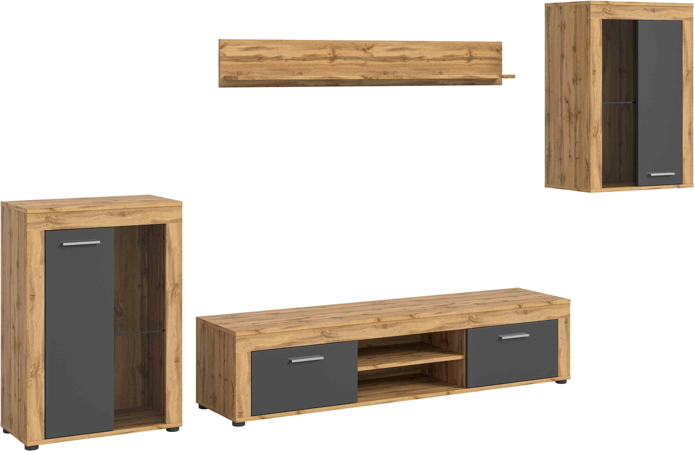 INOSIGN Wohnwand »Aosta, 4-tlg., bestehend aus: 2x Vitrine, Lowboard & Wandboard«, (4 St.), Wohnwand, Kombination, Anbauwand, Möbel Set, Schrankwand, Möbel Kombi