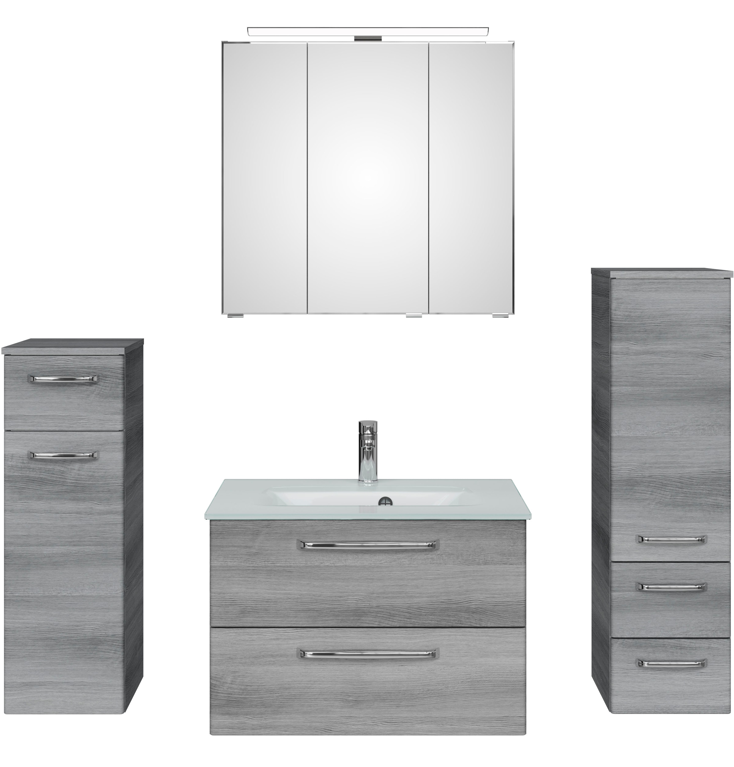Saphir Badmöbel-Set »Badmöbel-Set Trentino 4-teilig Glas-Waschtisch mit LED-Spiegelschrank«, (5 St.), Badezimmer-Set mit Midischrank und Unterschrank inkl. Türdämpfer