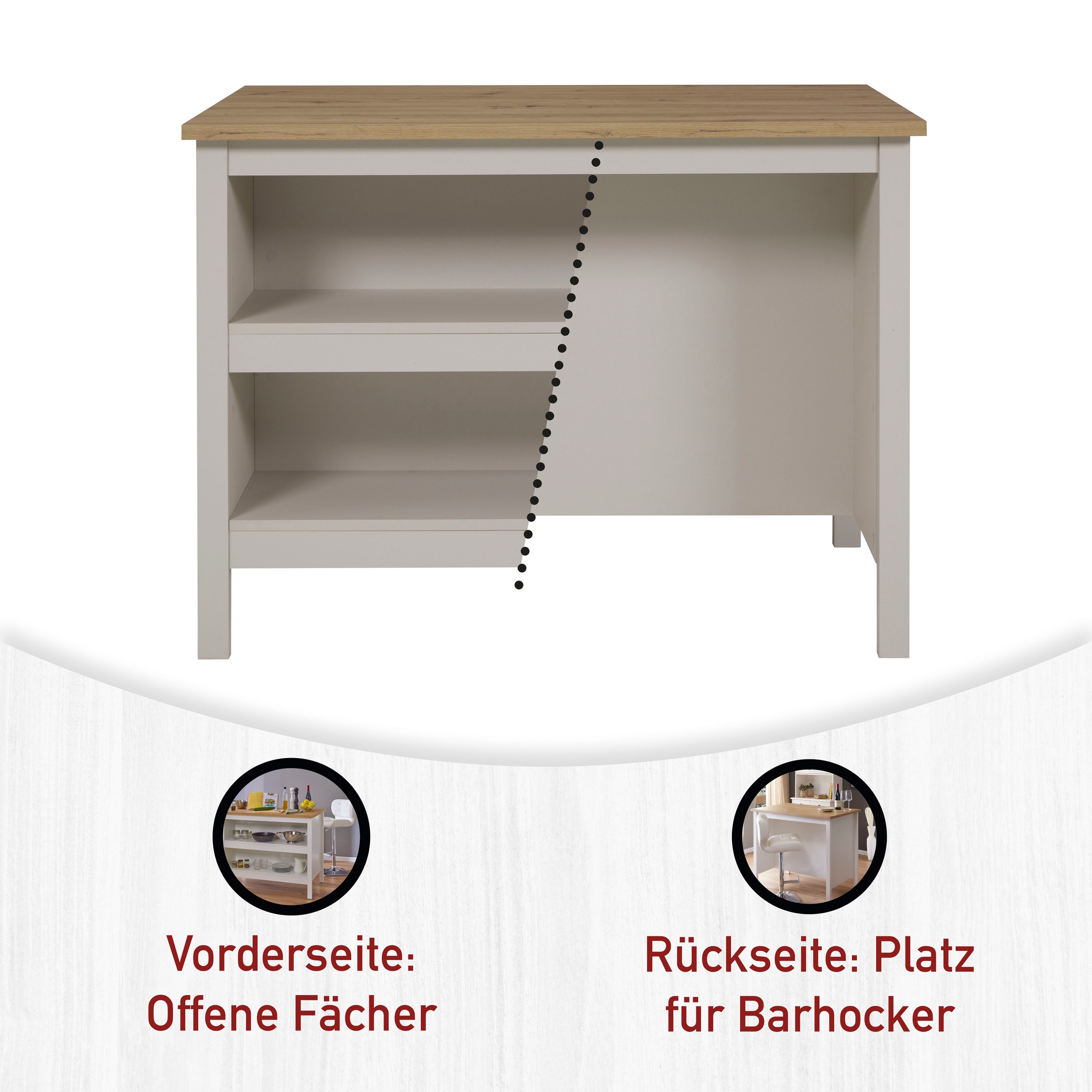 Inter Link Bartisch »Pienza, multifunktional für Küche & Essbereich, im Skandi Look« 1 Stk. tlg. Kücheninsel mit Regalböden, Platz für 2 Hocker, Kaschmir, 124x75x91 cm