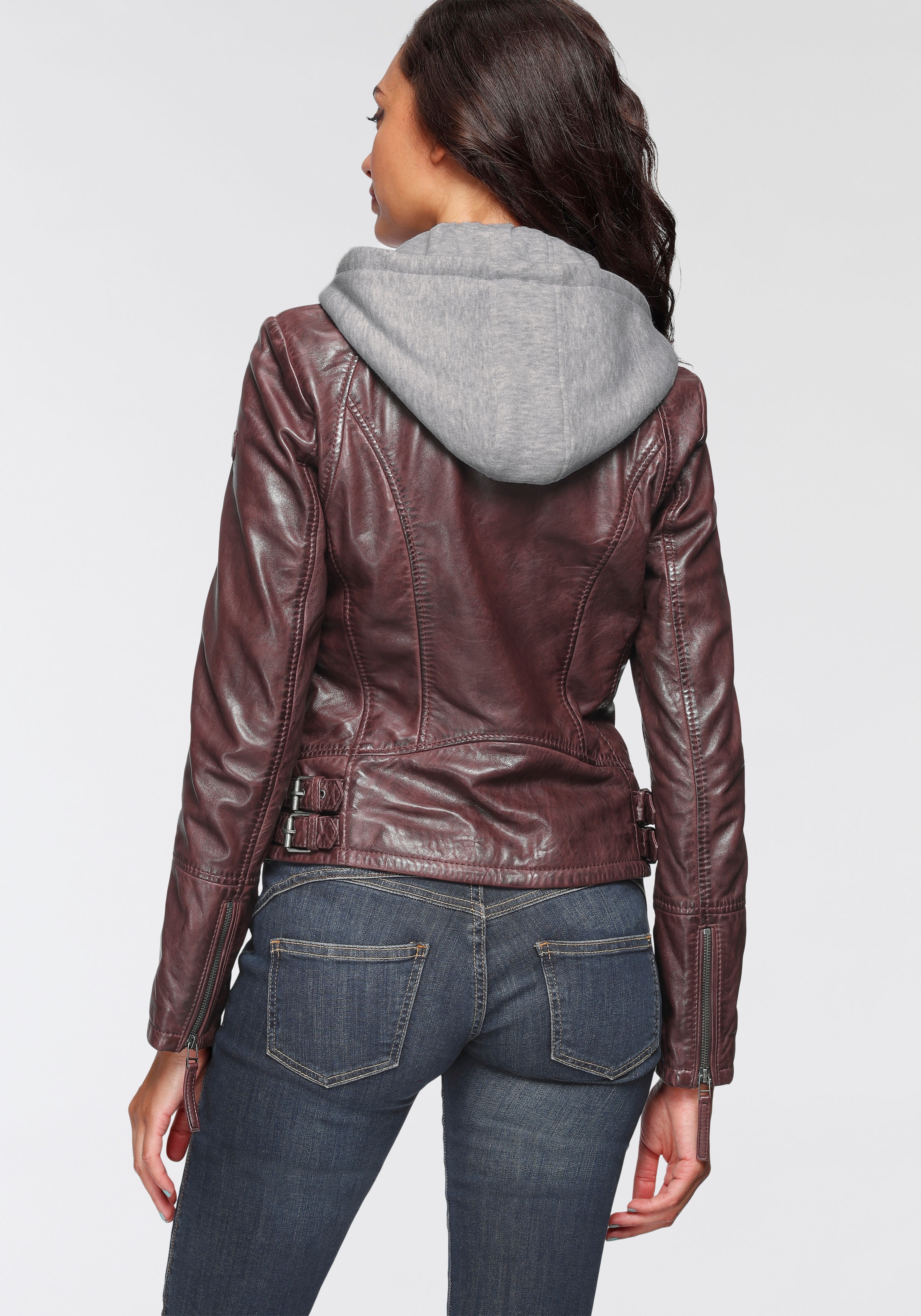 Thumbnail - Mauritius Lederjacke "NOLA" mit Kapuze Two-in-One Style - mit abnehmbarer Jersey-Kapuze