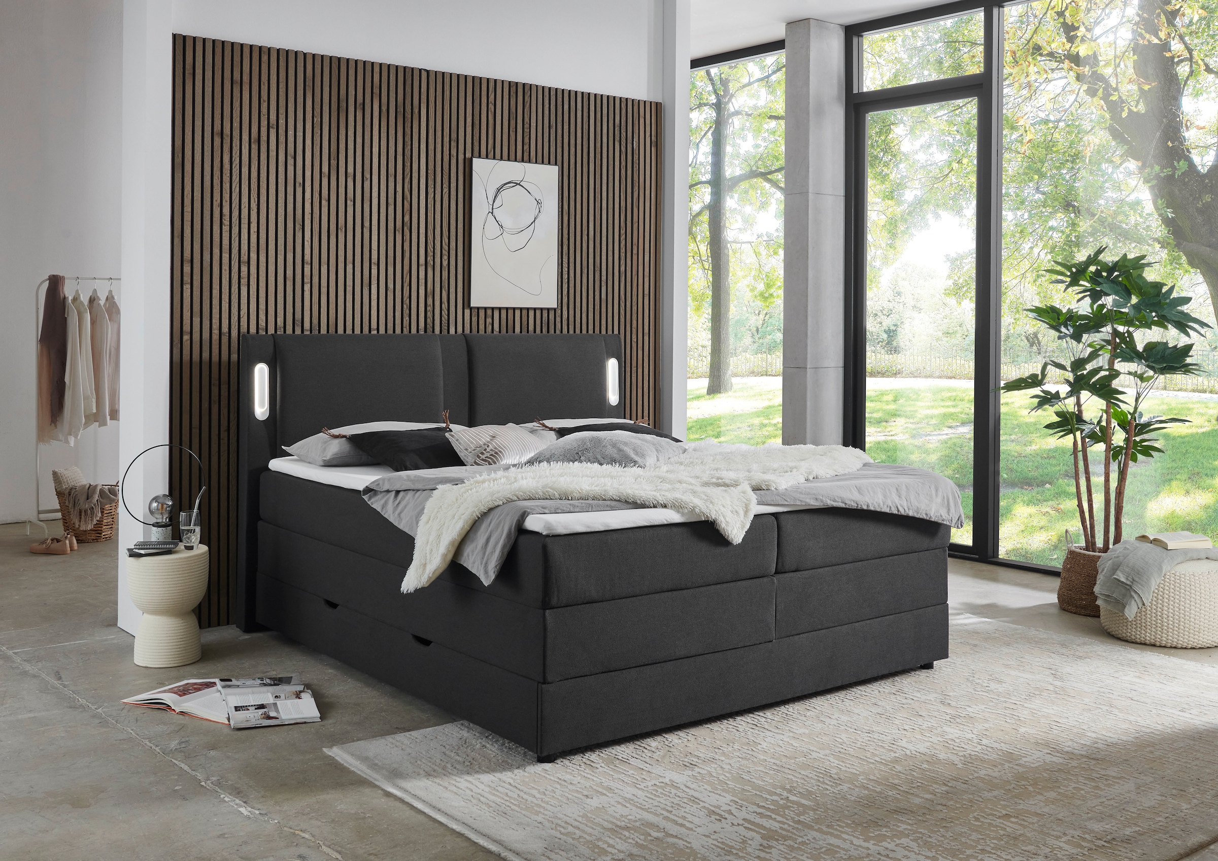 INOSIGN Boxbett »Elverta inkl. Bettkasten und LED-Beleuchtung« erhältlich in der Breite 180x200cm, Kopfteil in Kissenoptik