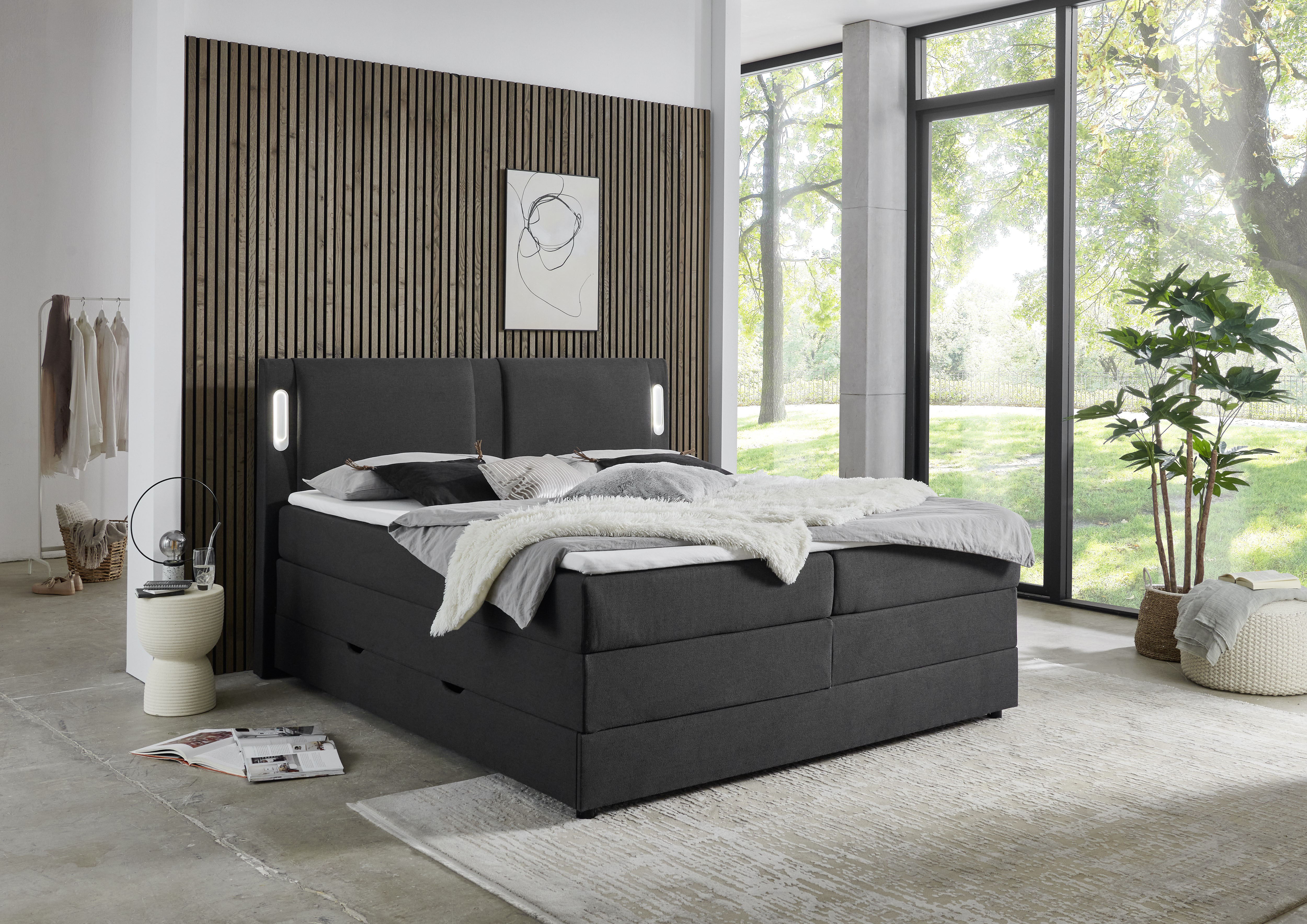 INOSIGN Boxbett "Elverta inkl. Bettkasten und LED-Beleuchtung" mit Topper und LED-Beleuchtung, Strukturstoff-Bezug, 180x200 cm