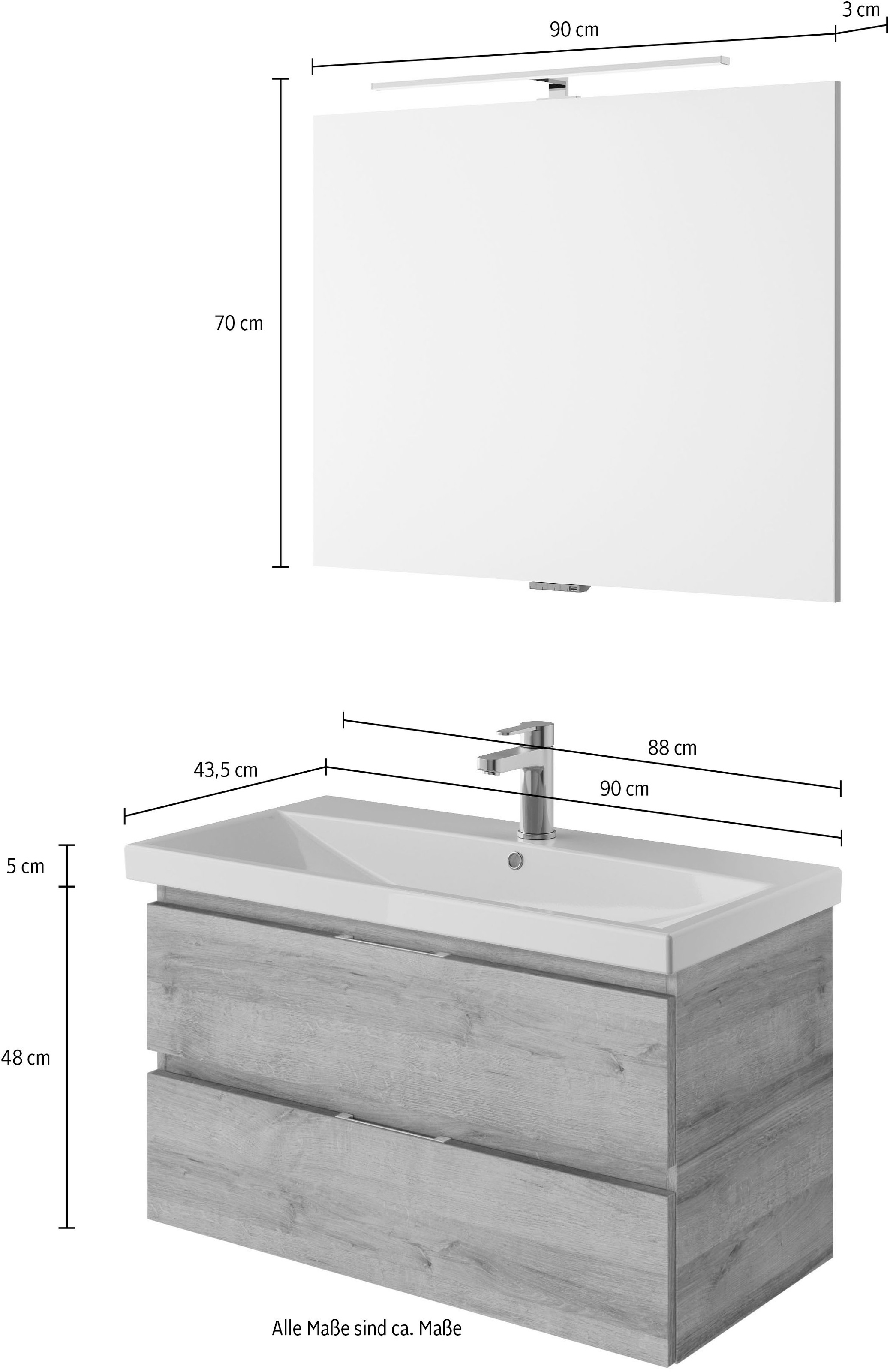 Saphir Badmöbel-Set »Serie 4035 2-teilig, Keramikwaschtisch mit LED-Spiegel, 90 cm breit«, (Set), Badezimmer-Set inkl. Türdämpfer, 2 Schubladen, Waschplatz