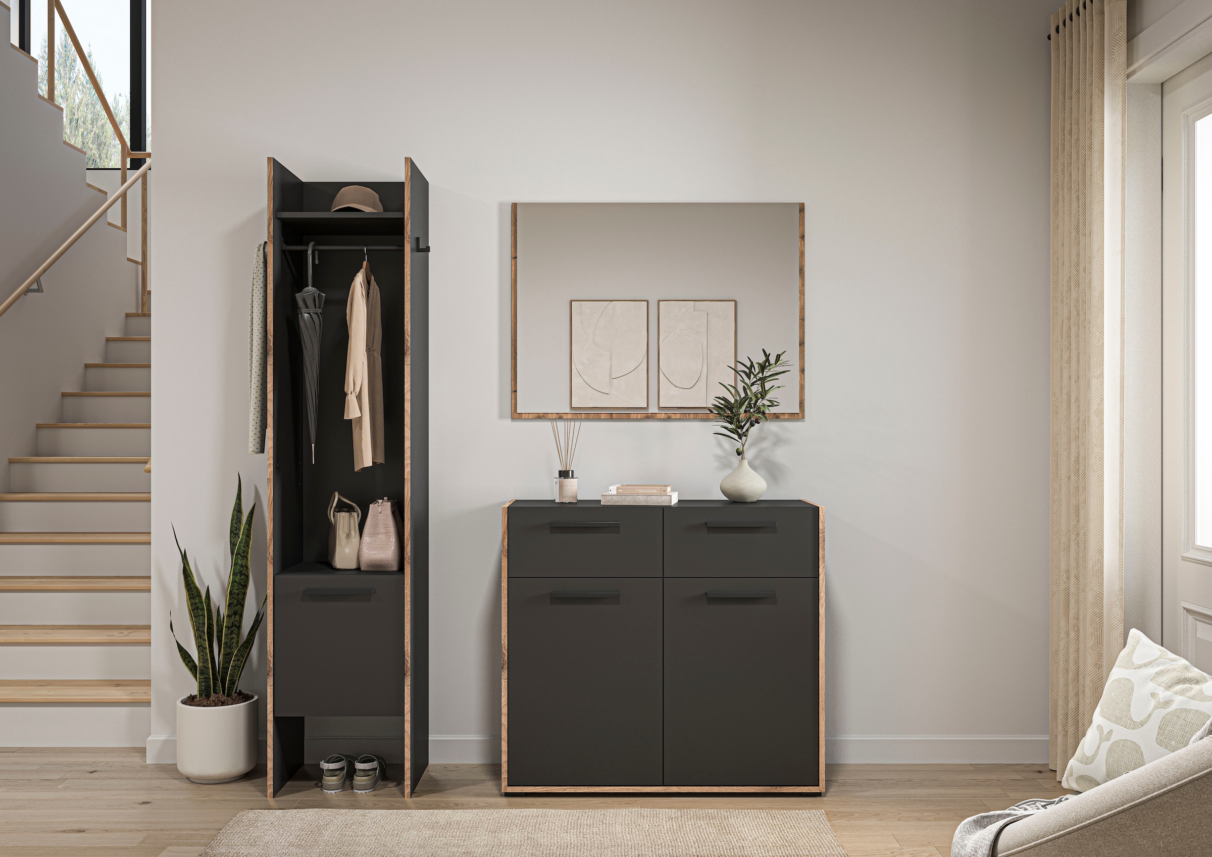 INOSIGN Garderoben-Set »MUSTA, 3-teilig: Garderobenschrank, Kommode & Garderobenspiegel«, Kombination, Kompaktgarderobe, Garderobenkombination, Garderobe