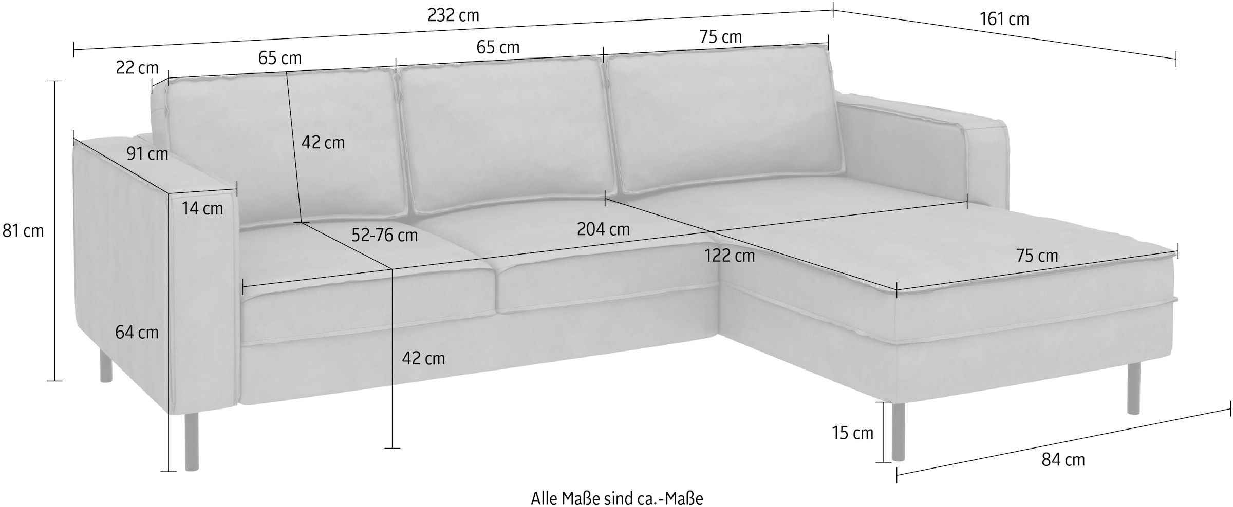 Places of Style Ecksofa »Watkins, wahlweise mit Schlaffunktion/Bettkasten, moderne offene Naht«, Recamiere beidseitig montierbar, L-Form, Breite 232 cm