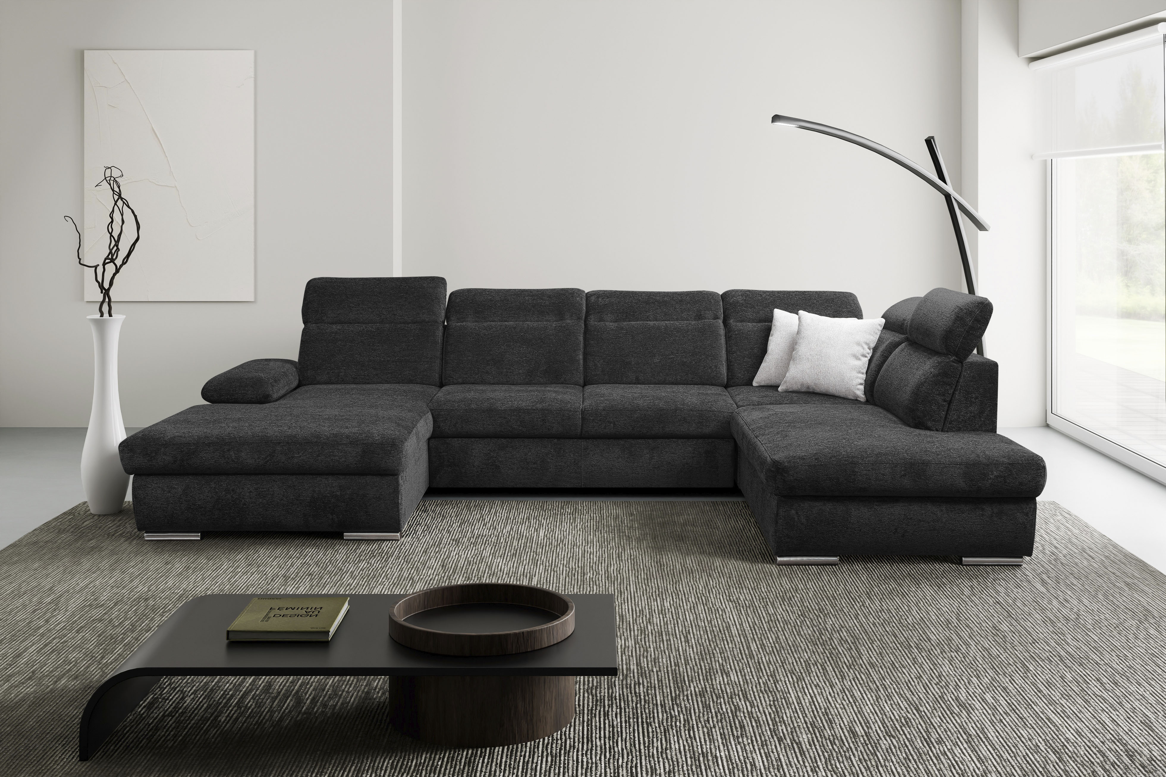 WERK2 Wohnlandschaft "Cordoba 359 x 232 cm inkl. Bett modern und bequem" Struktur weich, U-Form, XXL, Schlaffunktion, Bettkasten