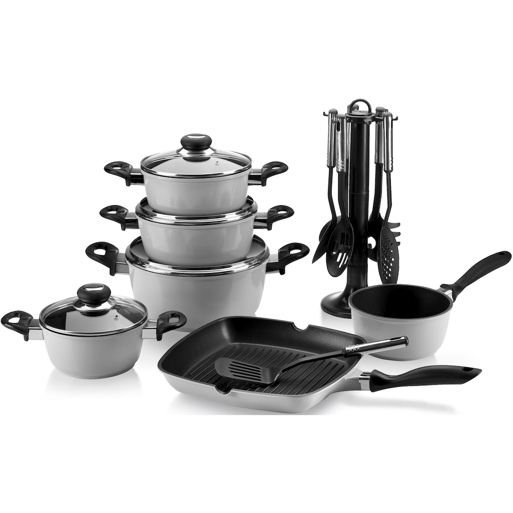 Krüger Topf-Set, Aluminiumguss, (Set, 17 tlg., Fleischtopf 16/18/20/24 cm, Stieltopf 16 cm, Steakpfanne)