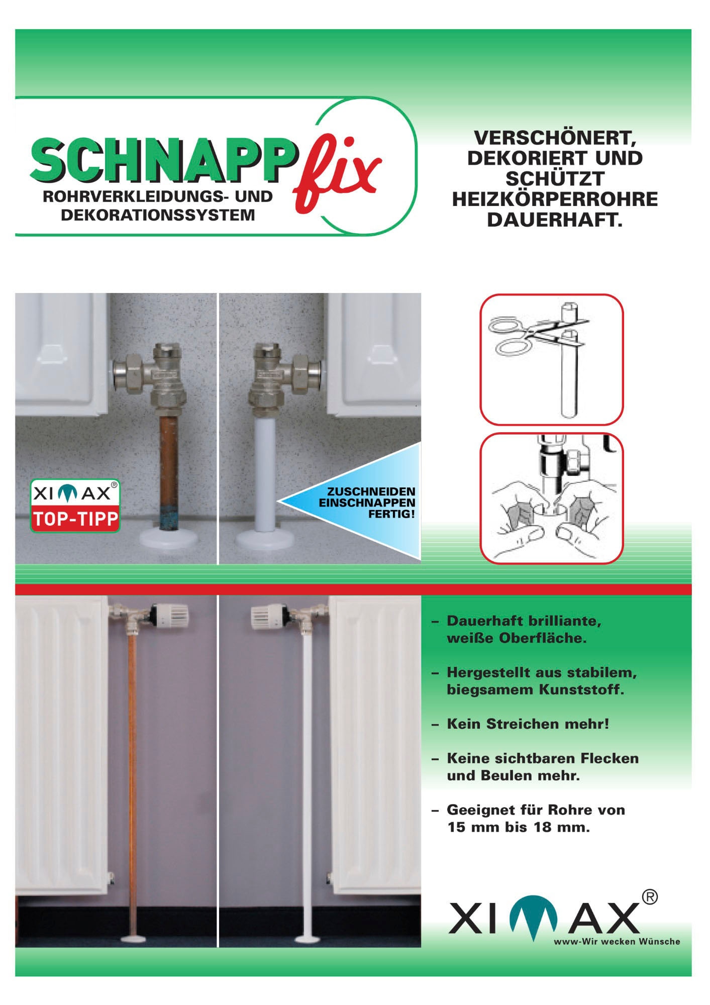 Ximax Heizungsverkleidung »Schnappfix«, (3 Stück je 1000 mm), 3-Fach, verschönert, dekoriert und schützt Heizkörperrohre