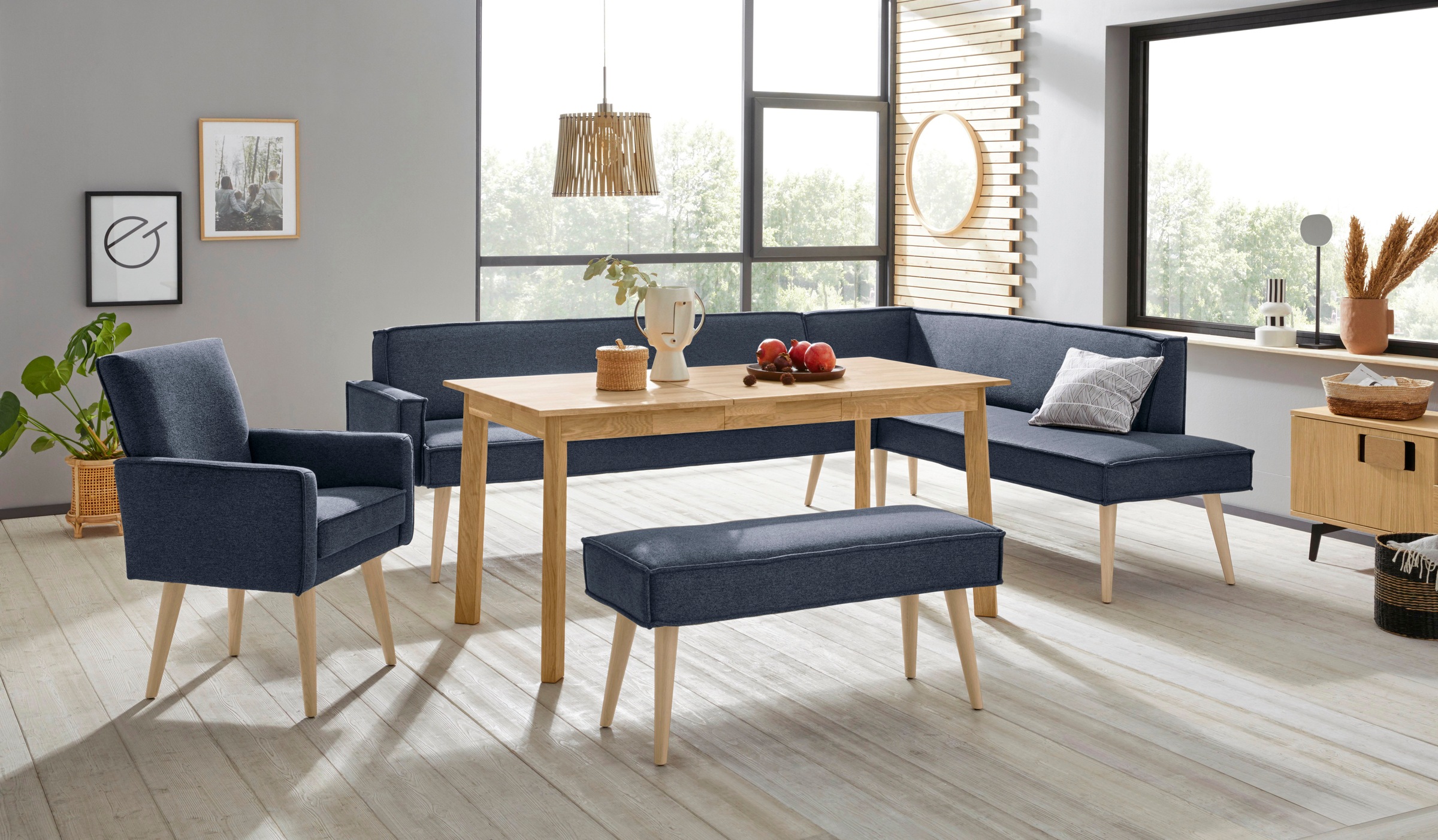 exxpo - sofa fashion Eckbank »Lungo, moderne Kedernaht, bequem und elegant, hoher Holzfuß«, hochwertige Detailverarbeitung, frei im Raum stellbar