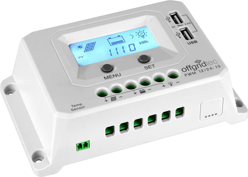 offgridtec Solarladeregler "PWM Pro Laderegler 12V/24V - 10A USB-Port", mit Verpolungsschutz, Integrierter Geräte-und Ba