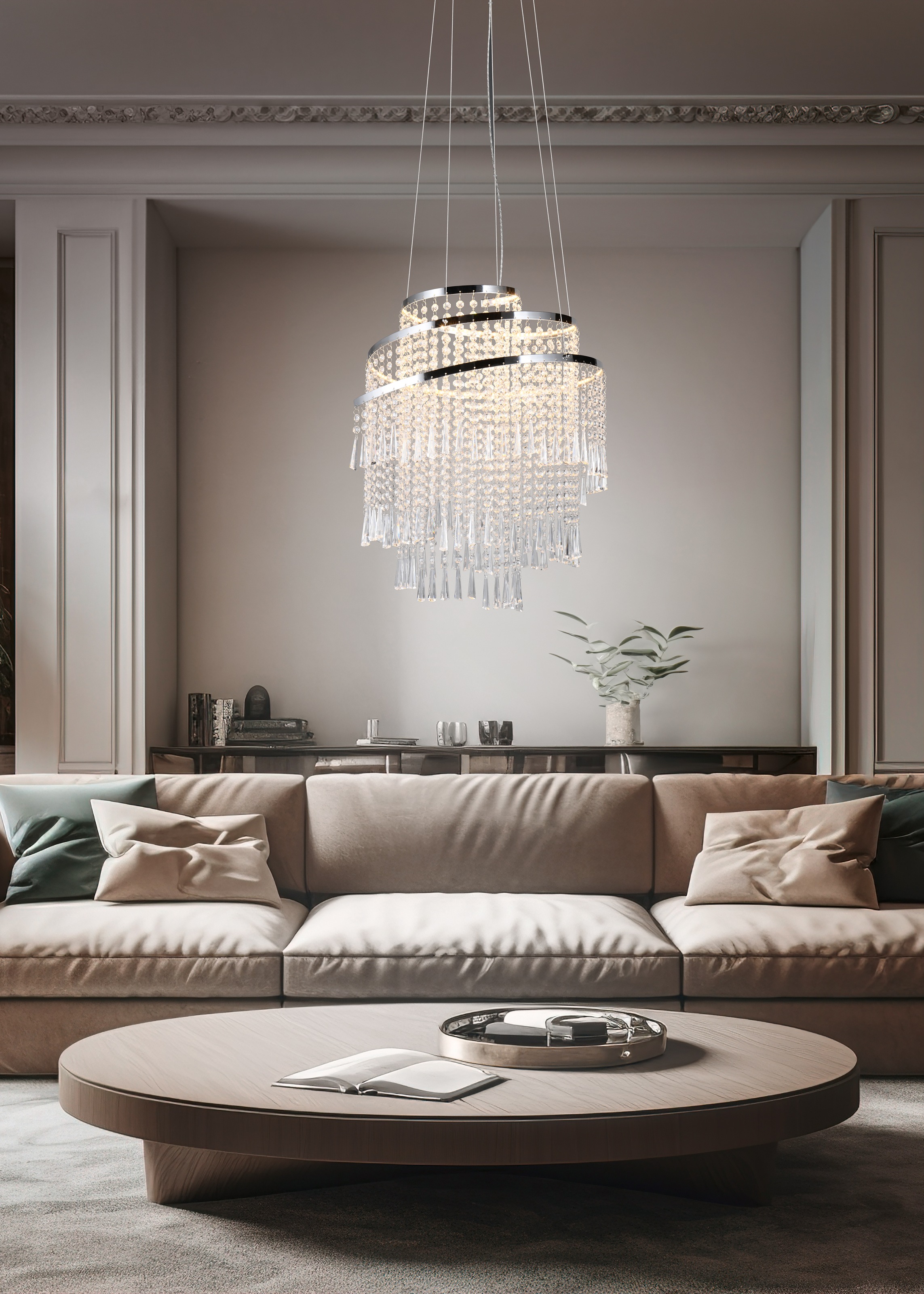 REALITY Leuchten LED Pendelleuchte »POMP, Kronleuchter chromfarbig mit Acryl Behang Ø 38cm Höhe 150 cm« LED-Board 1 Stk. Farbwechsler | warmweiß - kaltweiß LED Hängelampe 30W 4300 Lumen CCT 2700-6500K dimmbar mit Fernbedienung