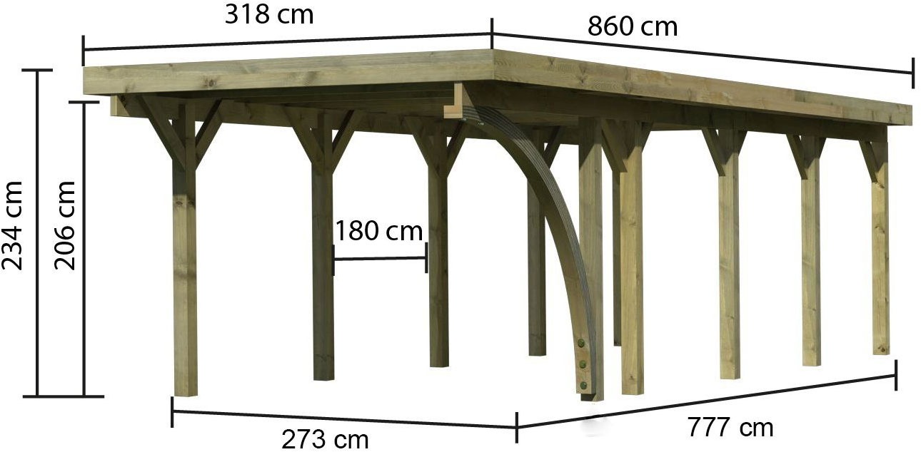Karibu Einzelcarport »»Classic 3 SET« Variante B, kesseldruckimprägniert«, Masivholz, 250 cm, KDI, aus Masivholz