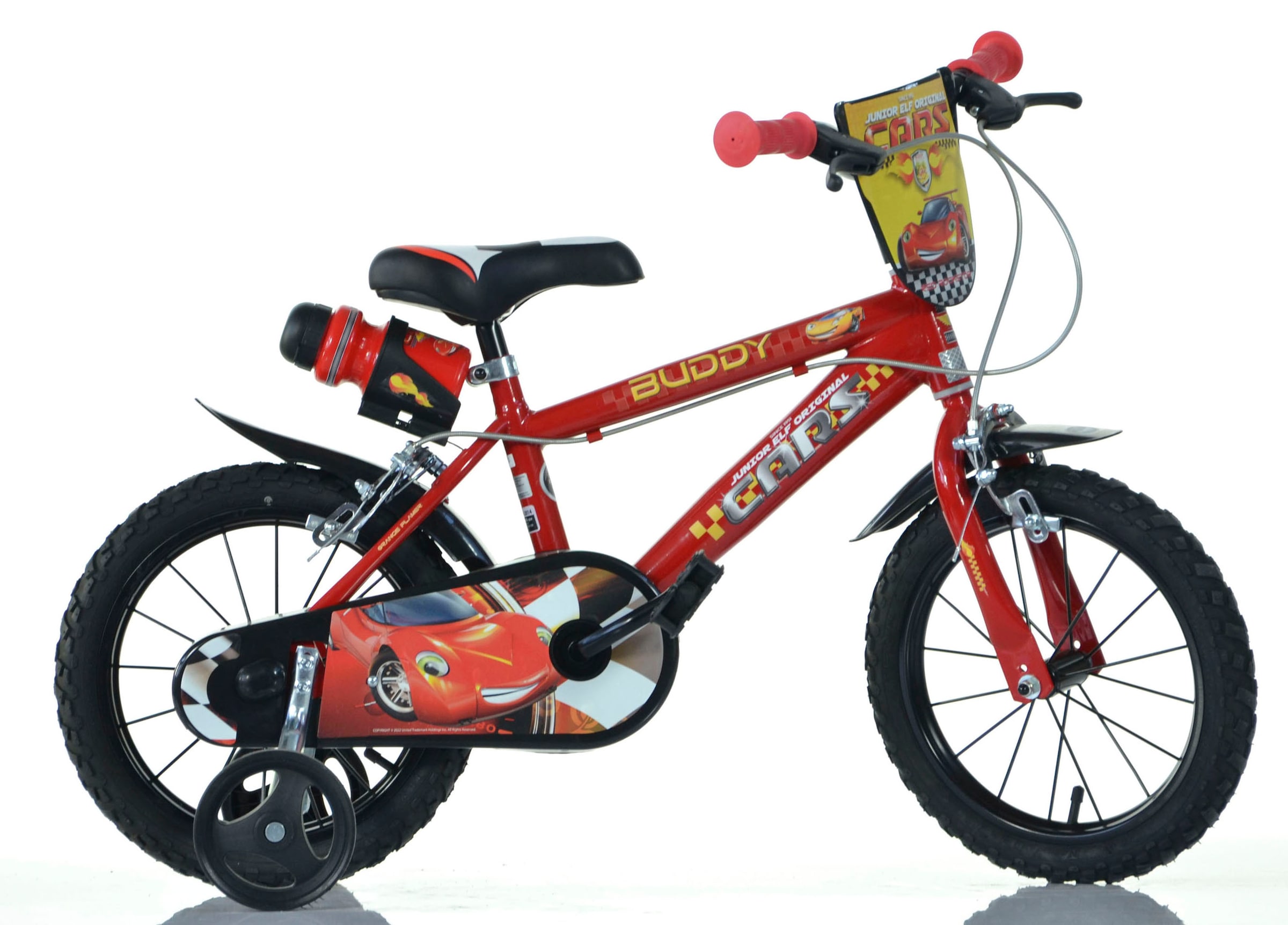 Dino Kinderfahrrad "Cars Buddy", 1 Gang, mit Stützrädern, Trinkflasche und Frontschild