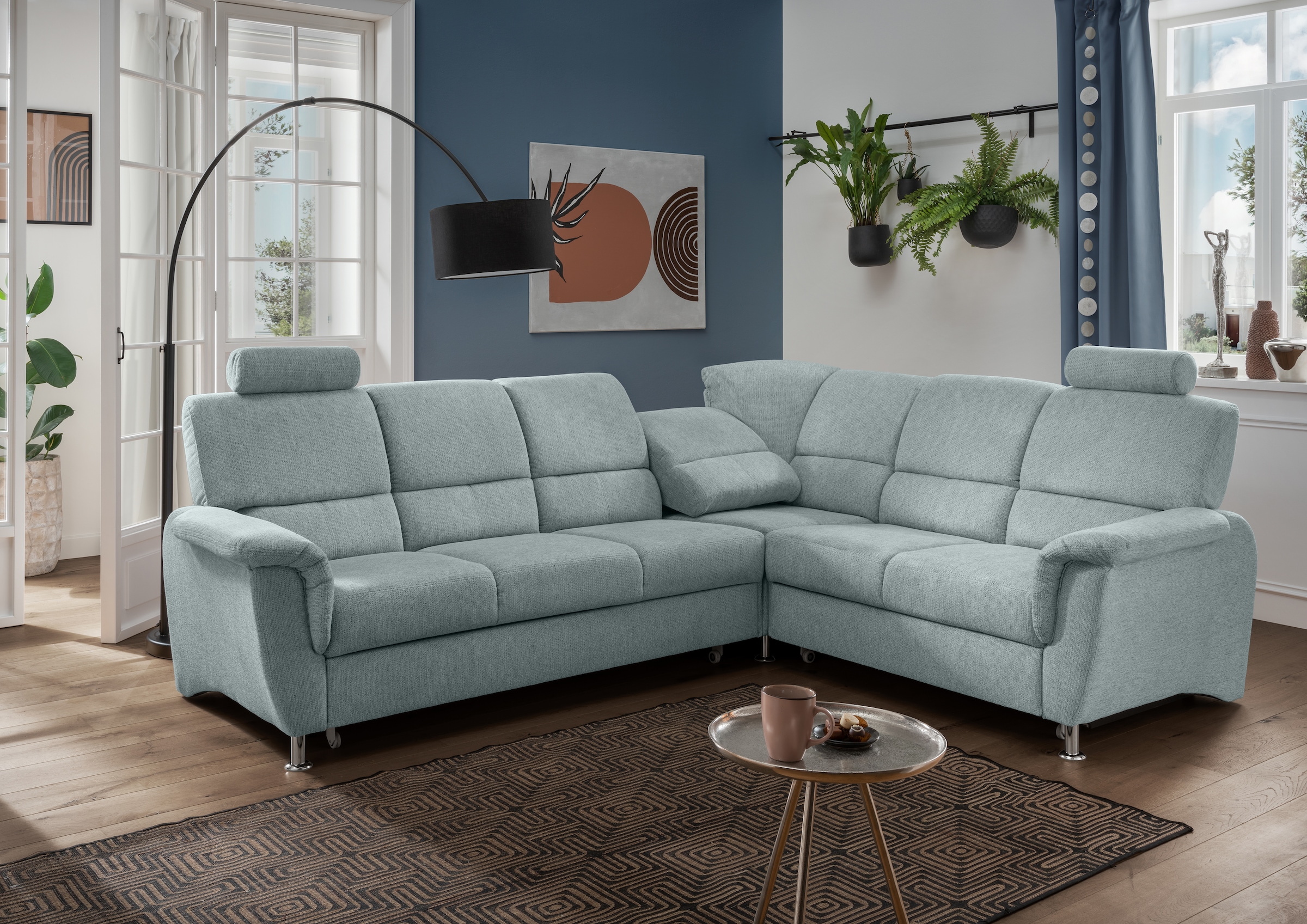 Home affaire Ecksofa »Pisa L-Form, mit Schlaffunktion, Stauraum, 2x höhenverstellbare«, Kopfstützen und Relaxfunktion im Eckelement