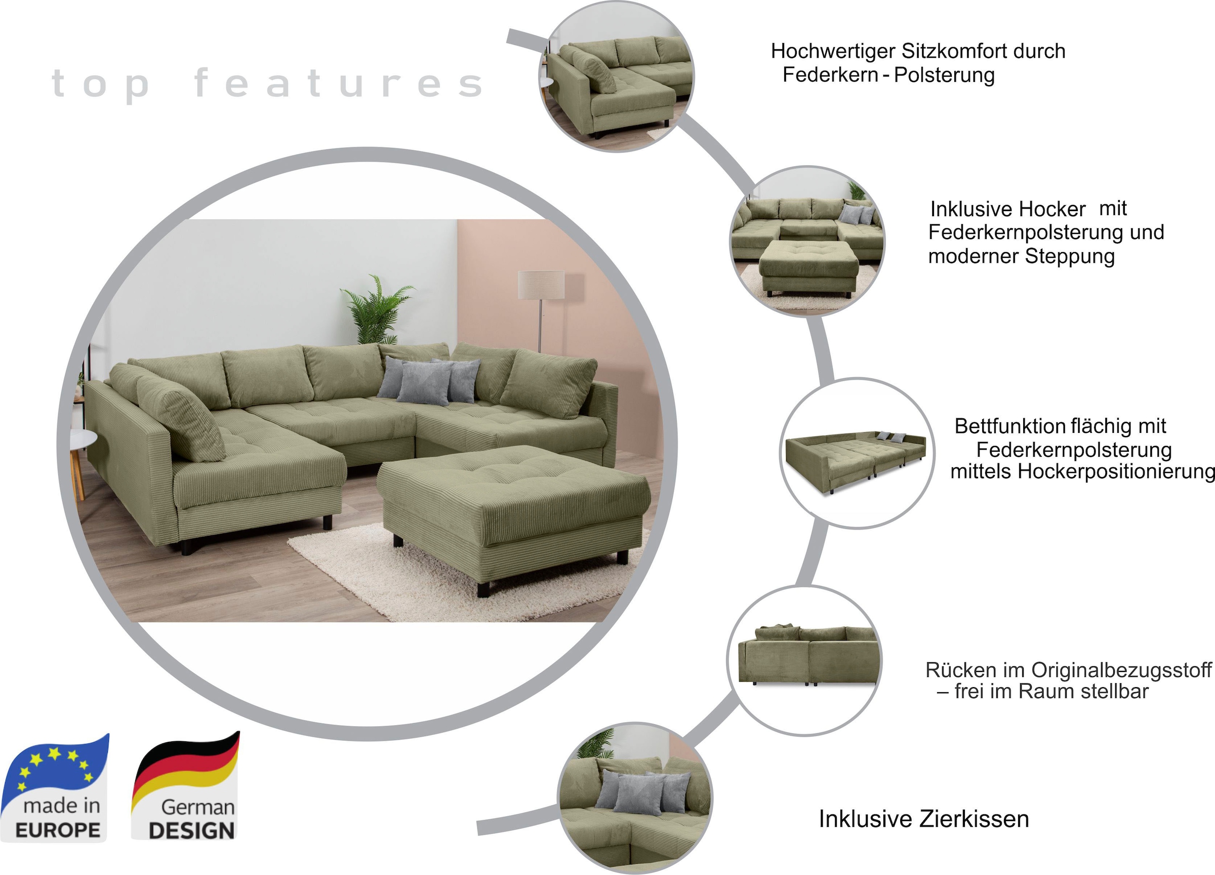Home affaire Wohnlandschaft »Toni U-Form«, mit zwei gleich großen Ottomanen, Federkern-Polsterung