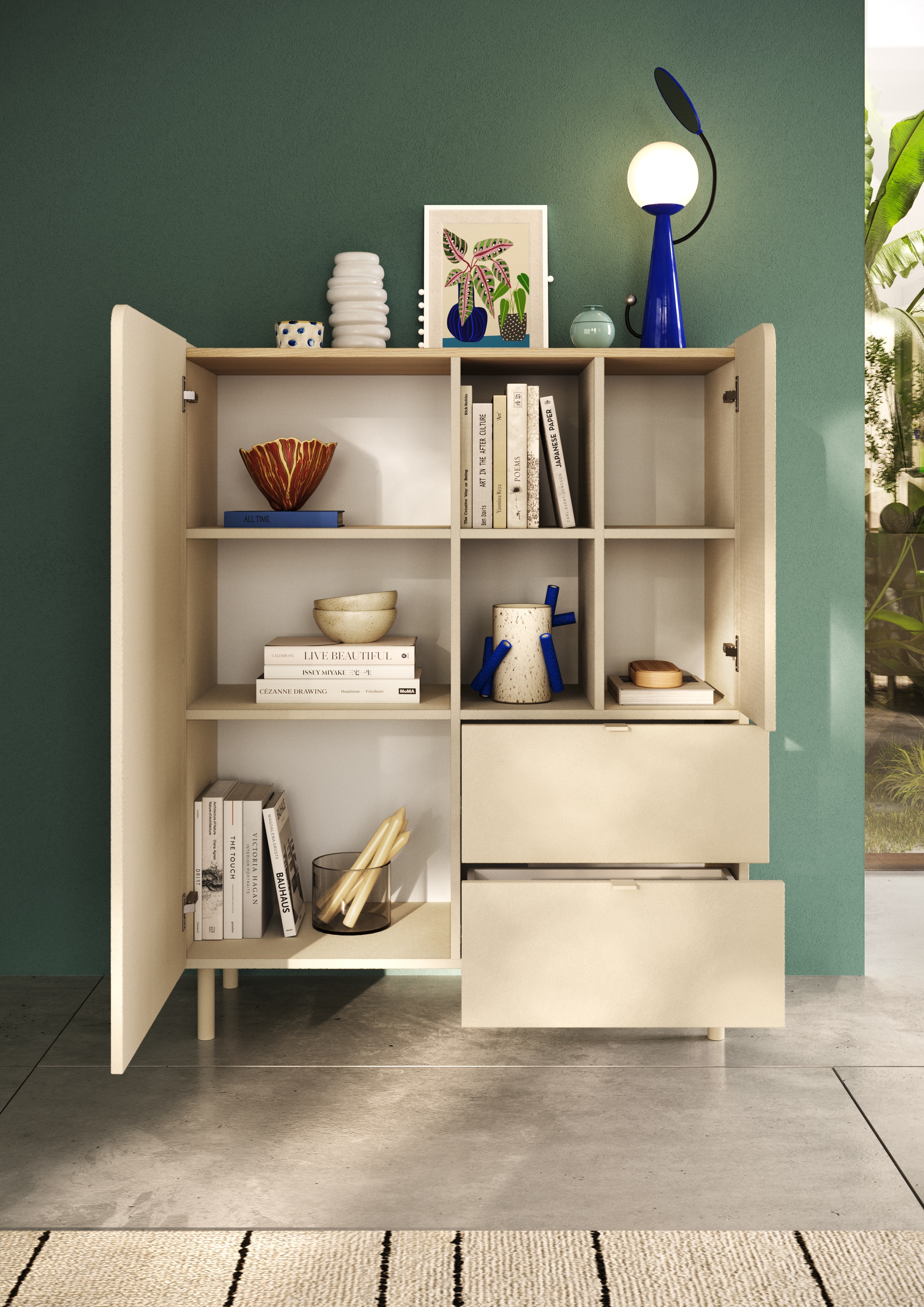 OTTO home Highboard »Dobbiaco, B/H 101/124 cm, 2 Türen, 2 Schubkästen, Stauraumschrank« Innenliegendes Top, gerade Metallfüße, Tür mit Rundung