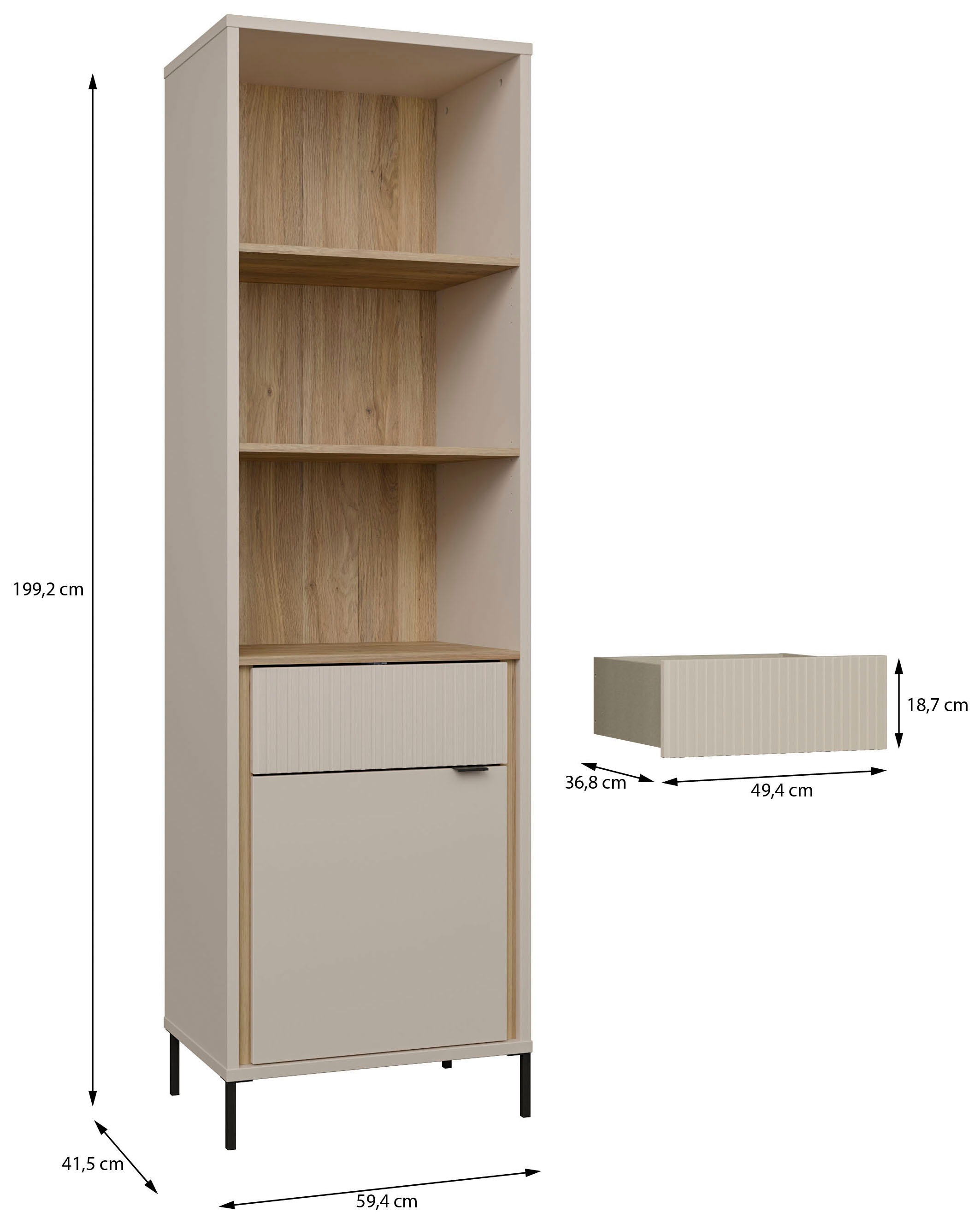 FORTE Vitrine »Forte Seravel Vitrine, 2-türig, 1 Schublade, Lamellen« B/H/T 59,4/199,2/41,5 cm, Stauraum, optionale Beleuchtung