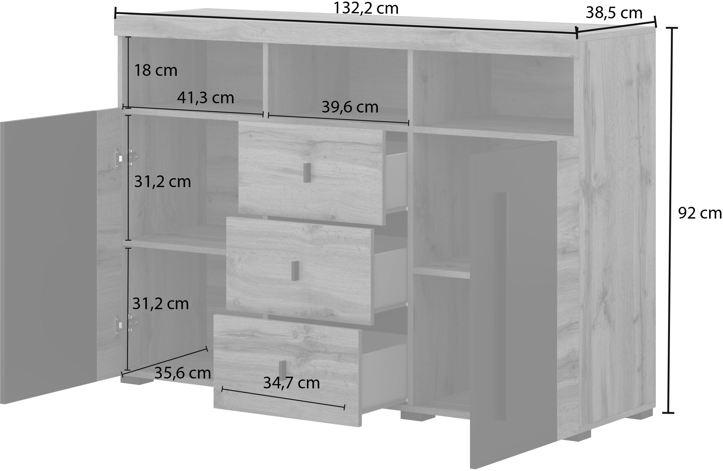 INOSIGN Sideboard »Roger,Breite 132cm, stilvolle Schrank, 2 Holztüren 3 Schubladen«, Kommode mit viel Stauraum, Einlegeböden verstellbar
