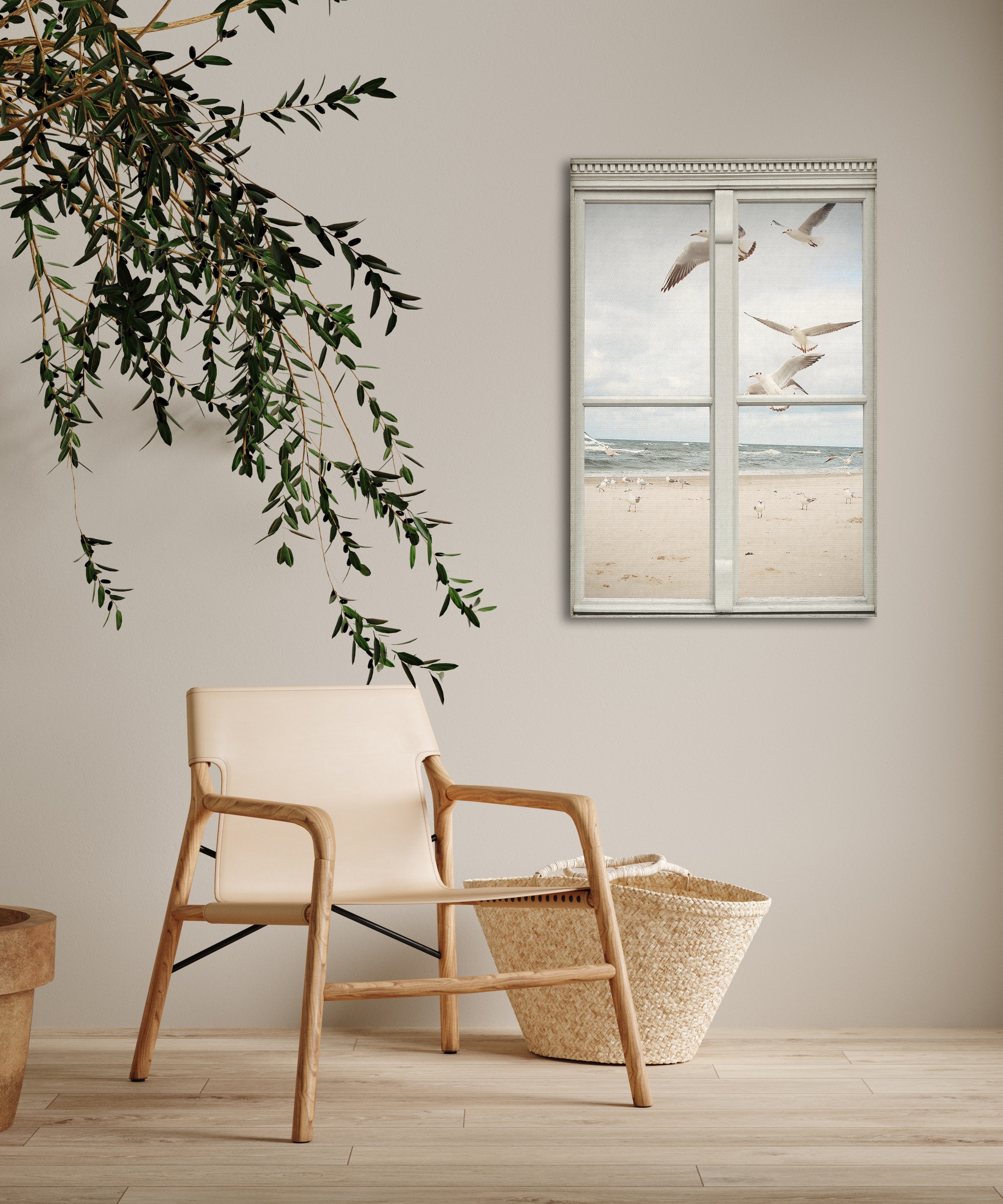 queence Leinwandbild »Möwen«, Meer-Natur-Vögel-Fensterblick, (1 St.), Premium-Leinwandstoff, Handarbeit aus Deutschland
