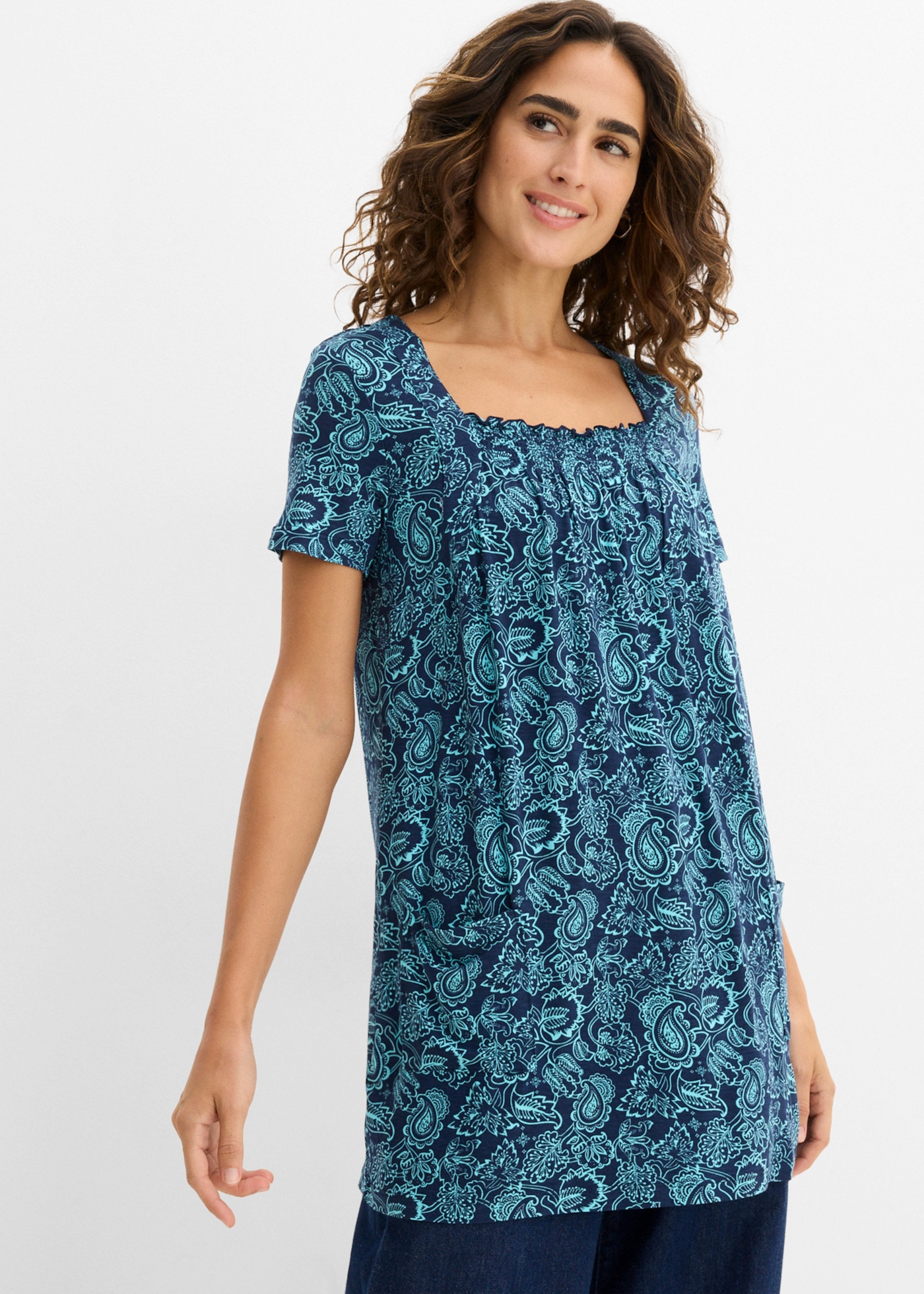 bonprix Tunikashirt mit gerafftem Ausschnitt, in A-Linie, Kurzarm-Design