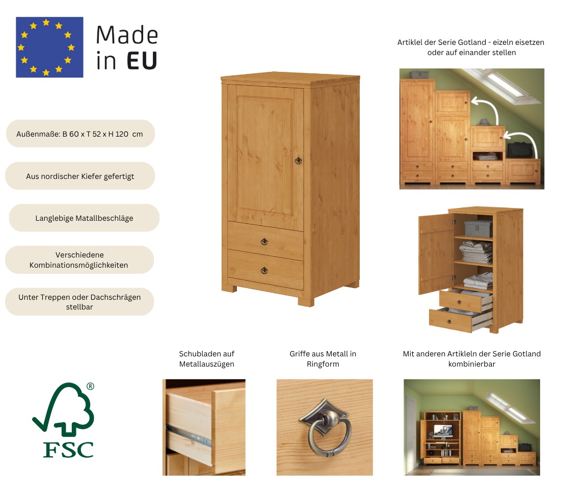 Thumbnail - OTTO home Wäscheschrank "Gotland, Schrankmodulsystem, einzeln oder mit der Serie kombinierbar" massive Kiefer, variabel ...