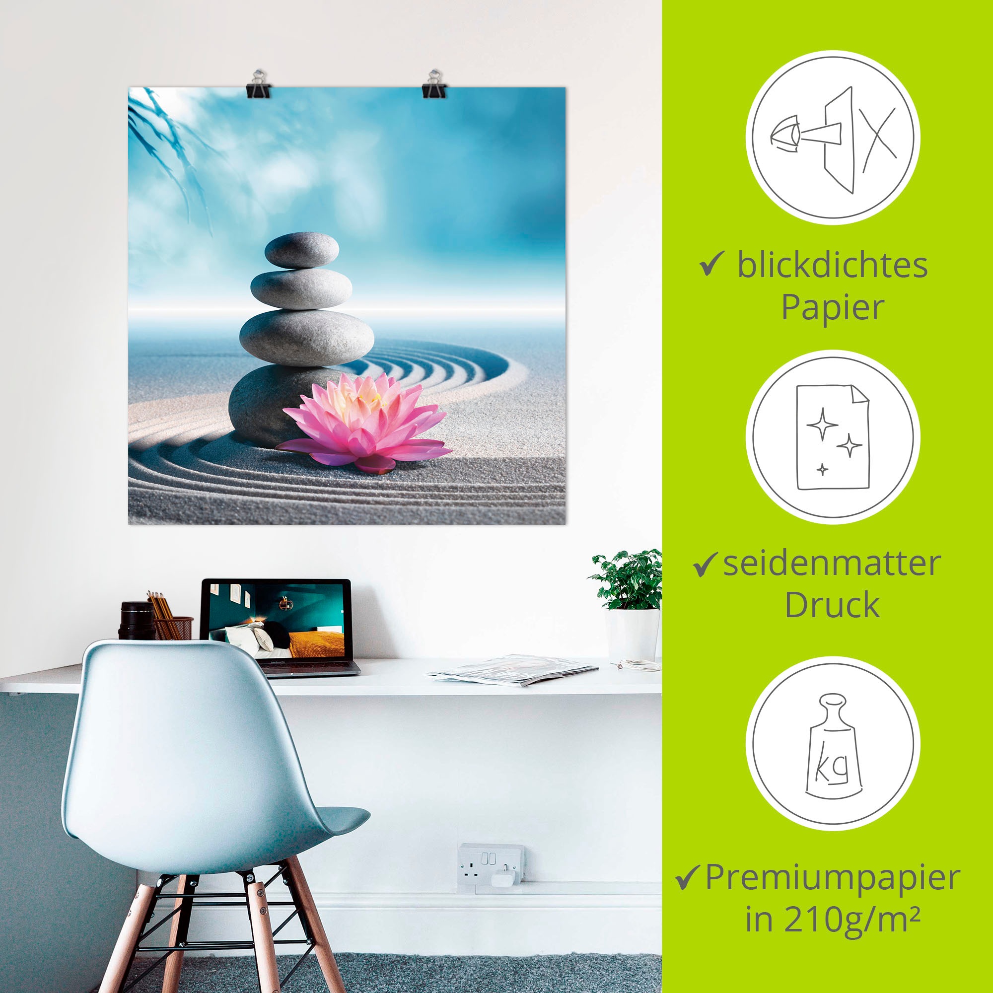 Artland Wandbild »Sand, Lilie und Spa-Steine in Zen-Garten«, Zen, (1 St.), als Alubild, Outdoorbild, Leinwandbild, Poster in verschied. Größen