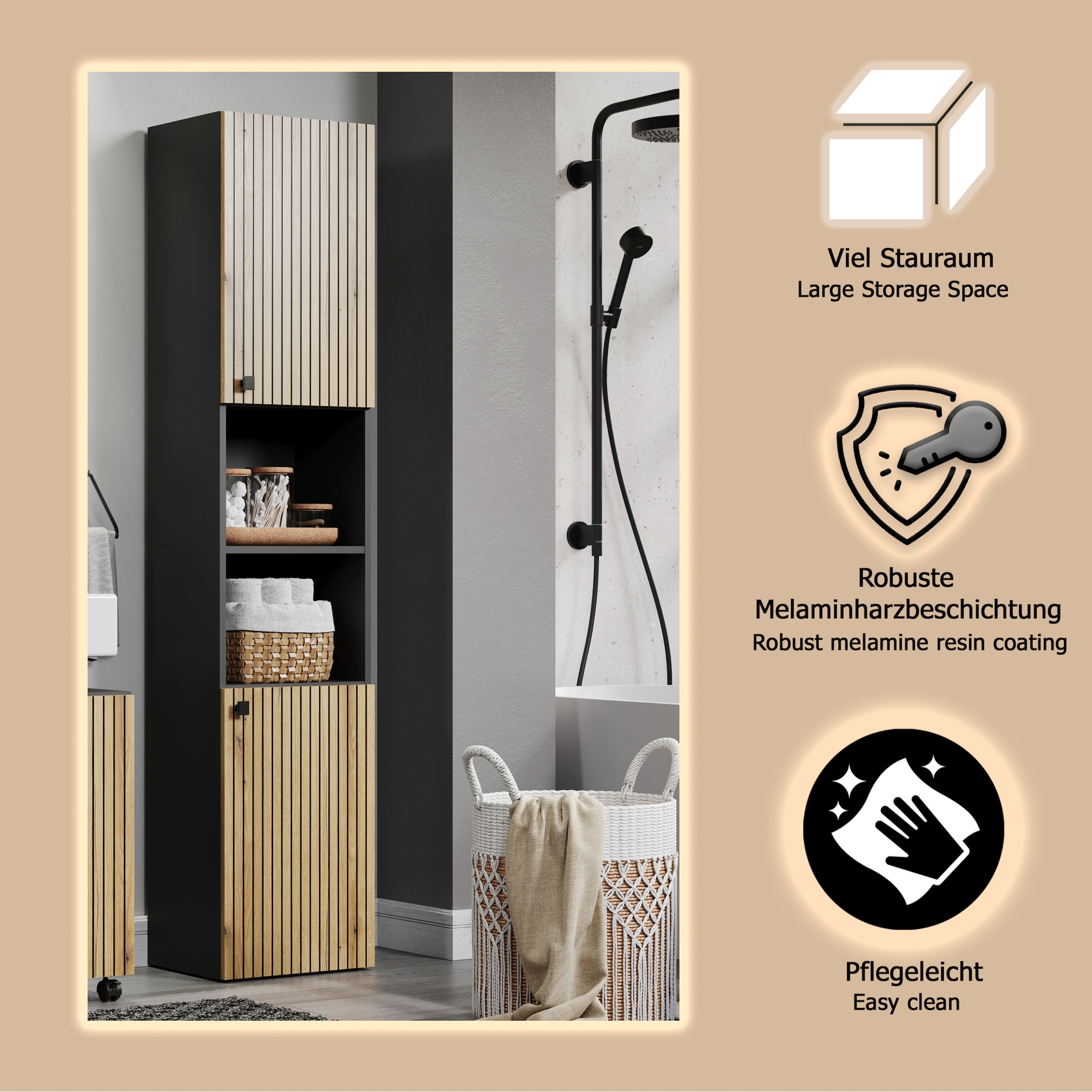 welltime Hochschrank »Amrum« Badezimmerschrank mit und ohne Schublade - (B/T/H) 40-70/31/186 cm