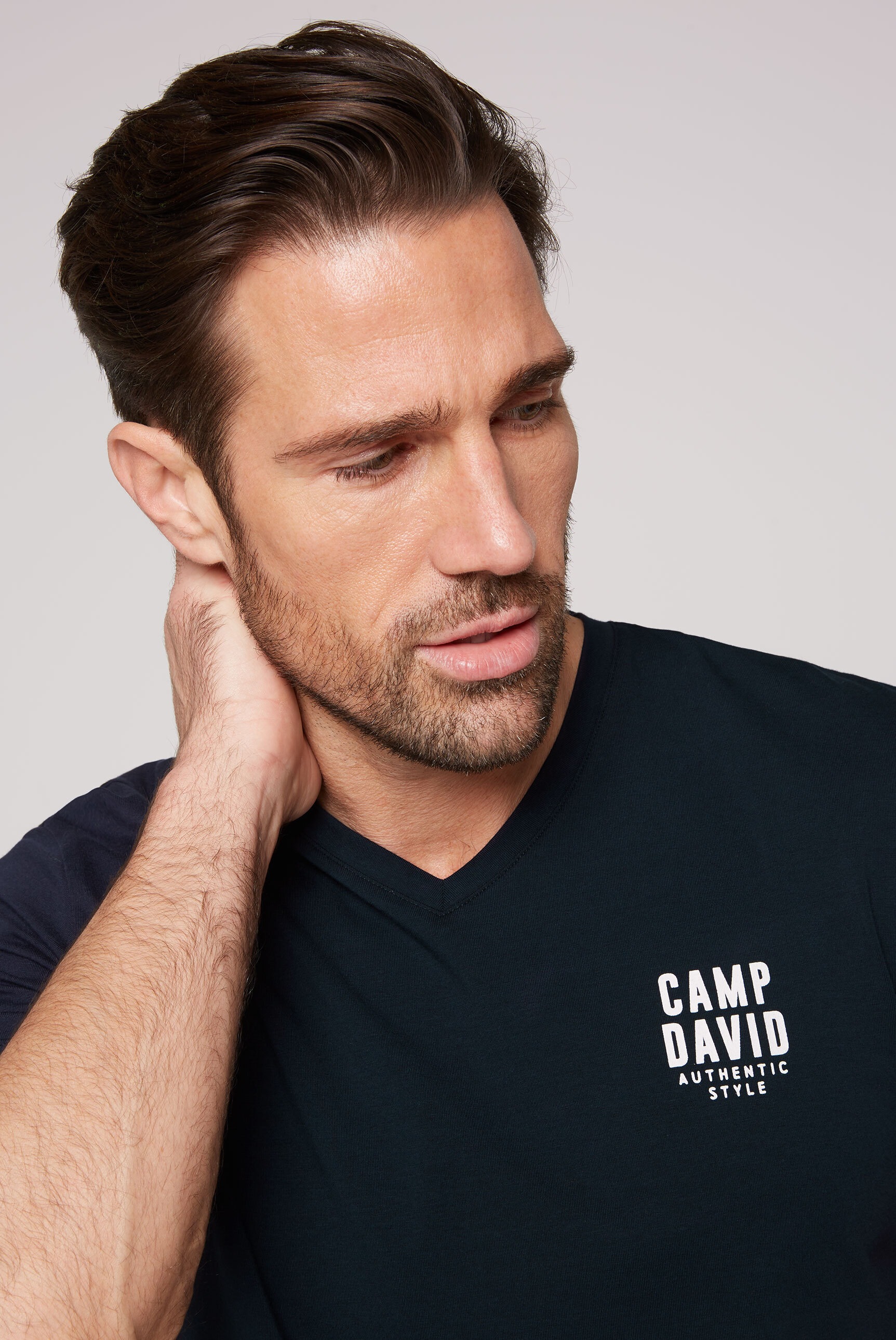V-Shirt CAMP DAVID, Herren, Gr. XL, blau, Single Jersey, Material: 95% Baumwolle, 5% Elasthan, bedruckt, regular fit normal, V-Ausschnitt, eingesetzt gerader Abschluss, Shirts, mit Elasthan-Anteil 3
