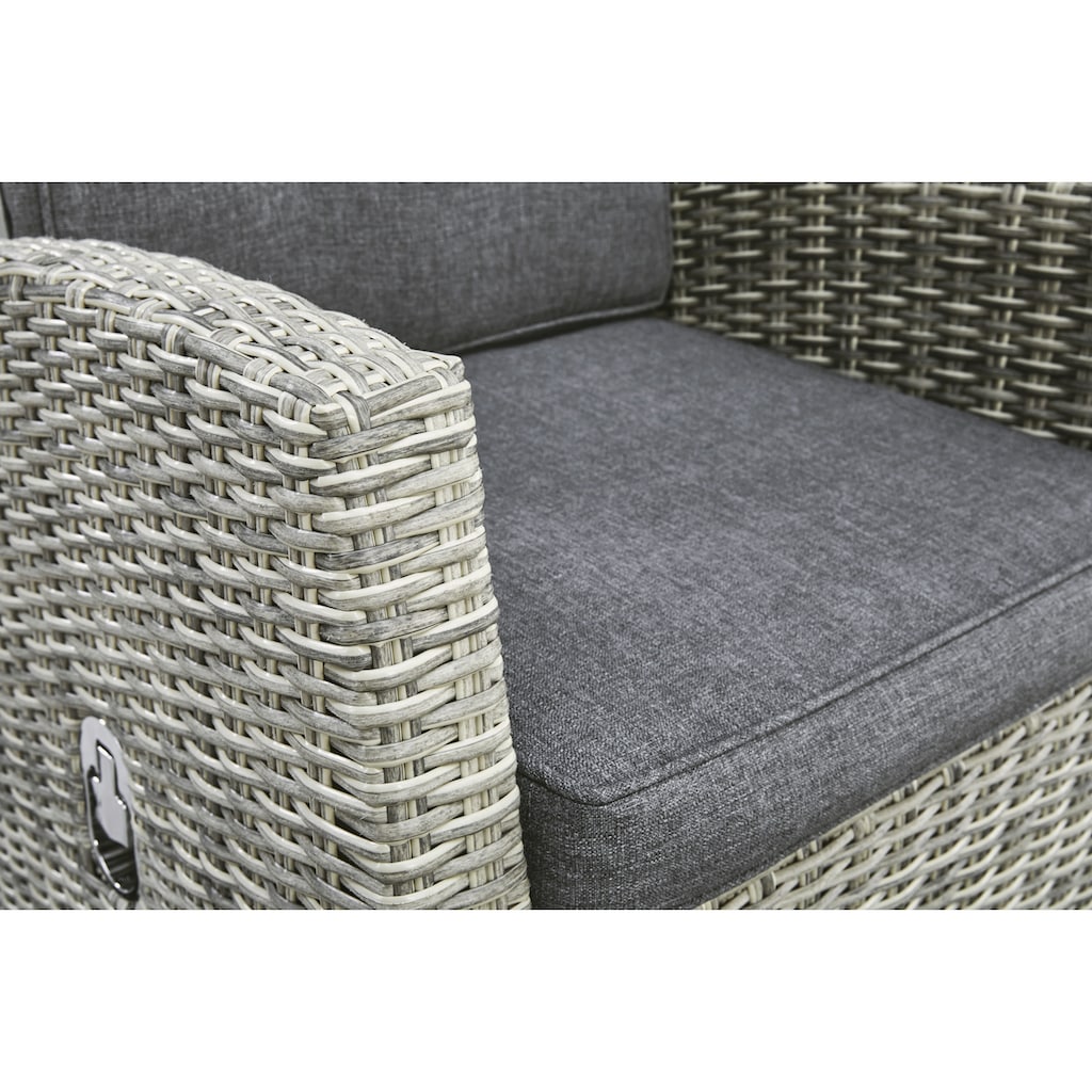 KONIFERA Garten-Essgruppe »Monaco«, (Set, 16 tlg., 1x2er Sofa, 2x Sessel, 2x Hocker, 1x Tisch 120x70x66cm, inkl. Auflagen), Polyrattan, Aluminium, Rückenlehne verstellbar, Grau