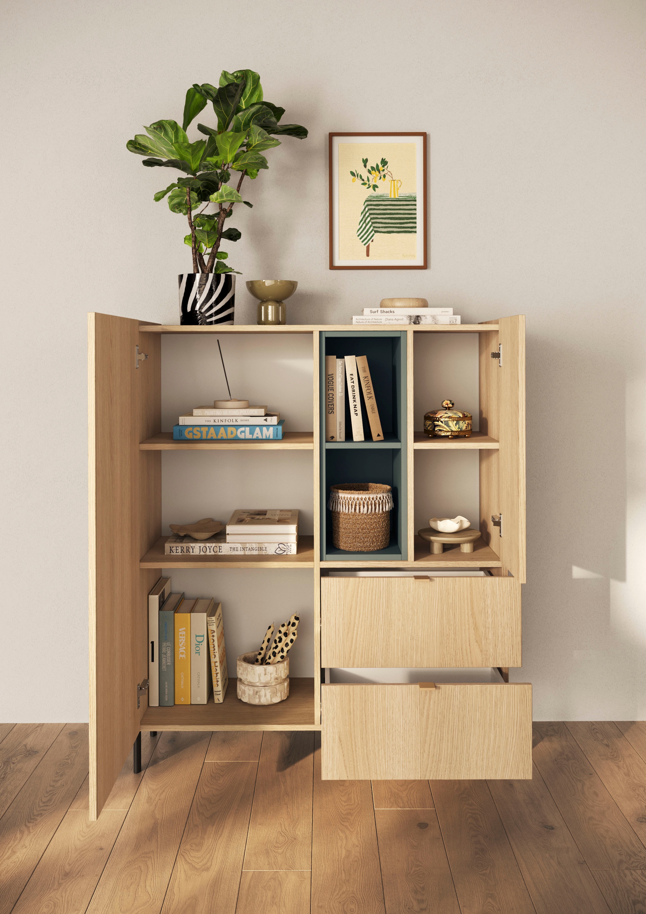 OTTO home Highboard »Badia, B/H 101/124 cm, 2 Türen, 2 Schubkästen, Stauraumschrank« Innenliegendes Top, gerade Metallfüße, salbeigrüne Farbakzente