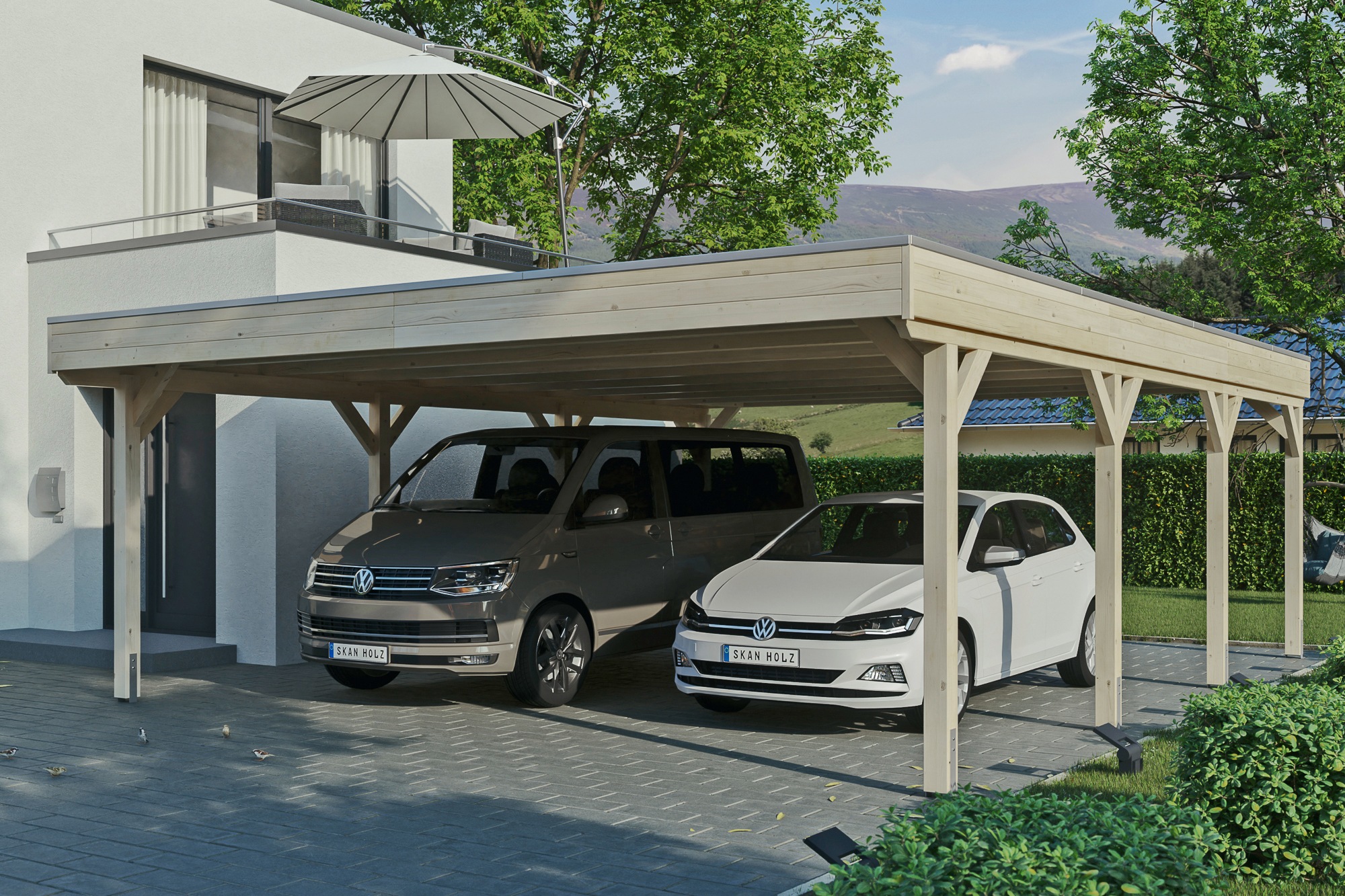 Skanholz Doppelcarport "Grunewald", Leimholz-Nordisches Fichtenholz, natur, mit Aluminiumdach