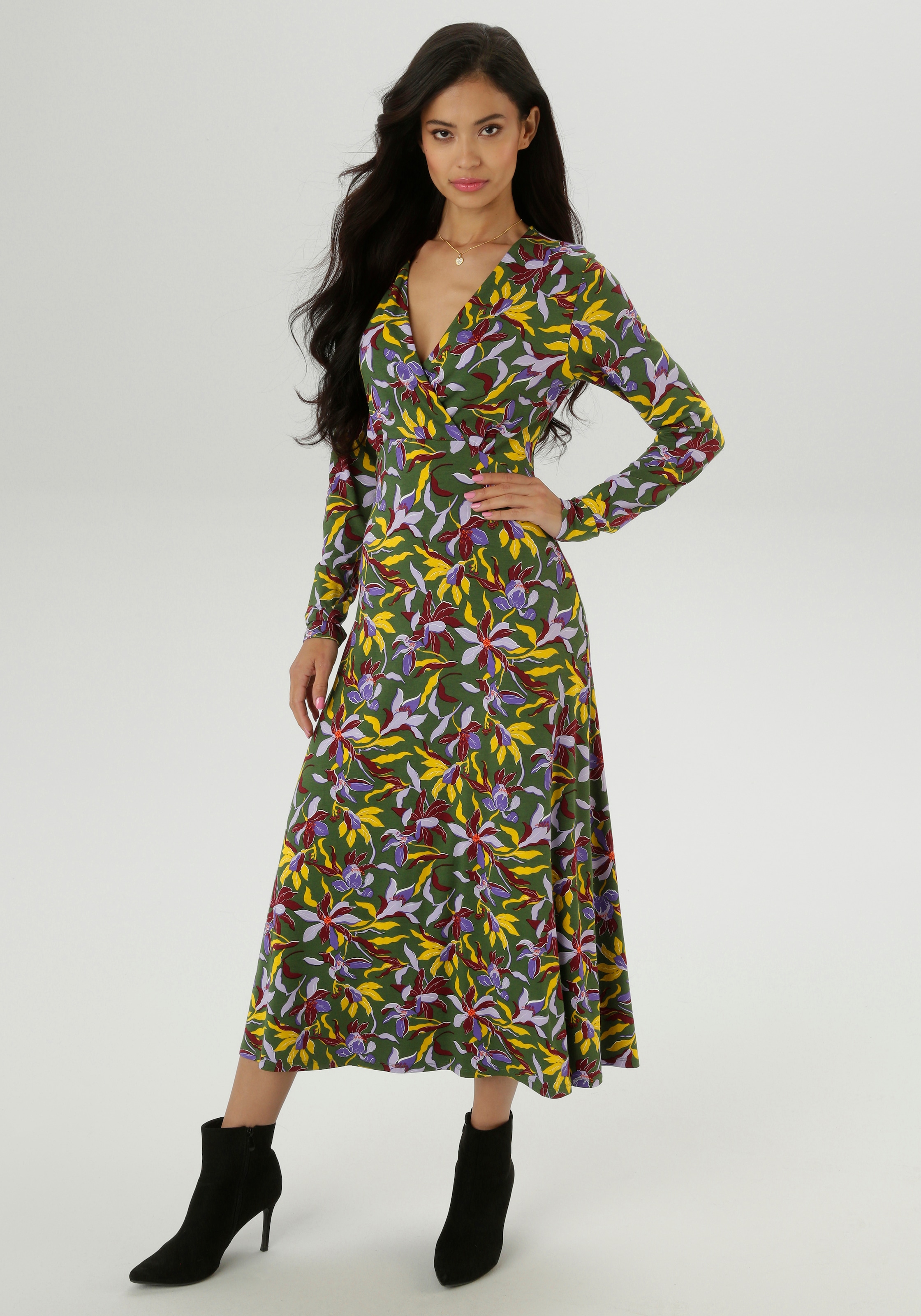 Aniston SELECTED Midikleid mit V-Ausschnitt in Wickeloptik und Unterbrustna günstig online kaufen