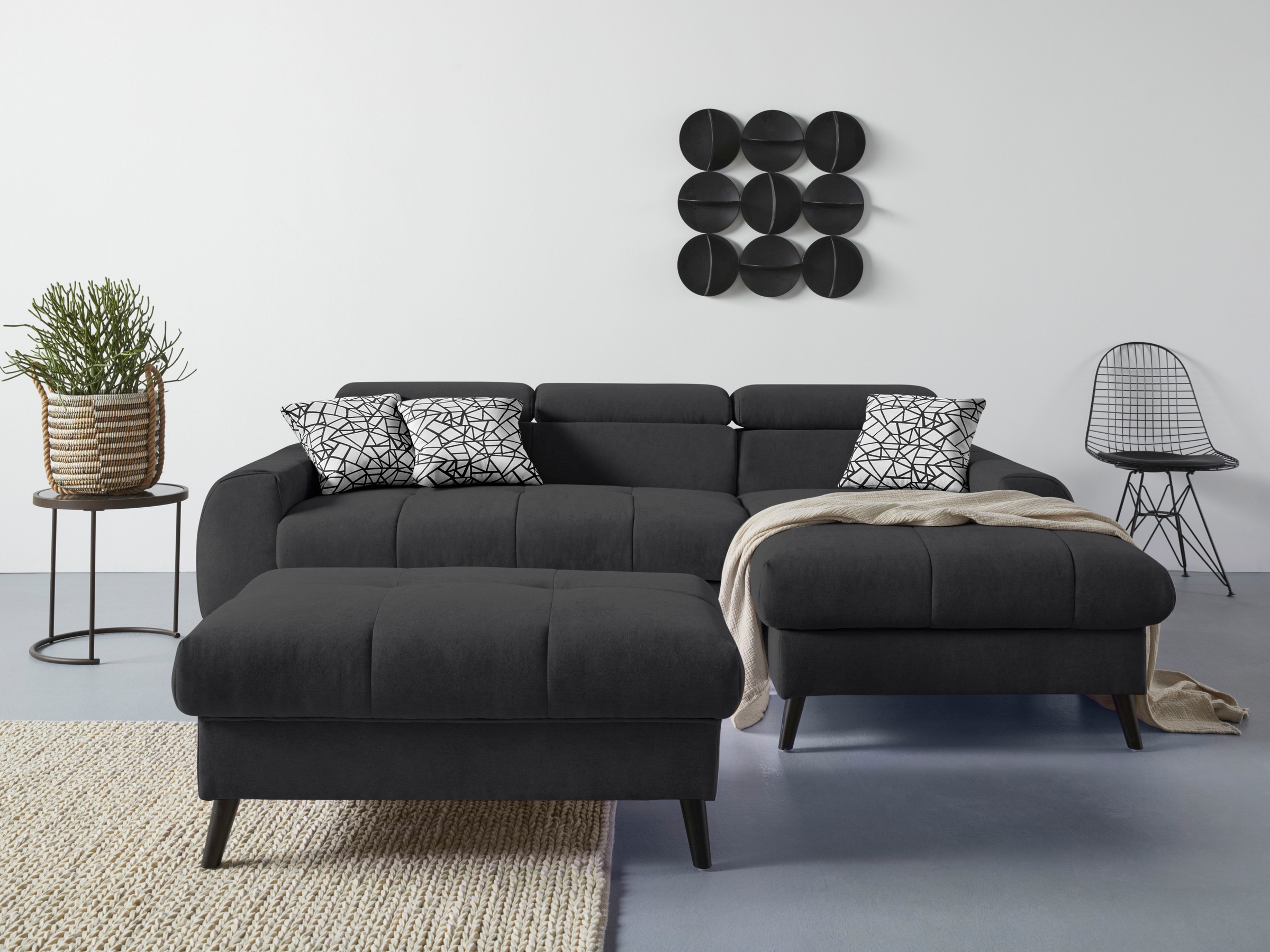 COTTA Ecksofa »Mia L-Form mit 3 Zierkissen«, wahlweise mit Bettfunktion, Bettkasten, Beleuchtung & Wireless-Charger
