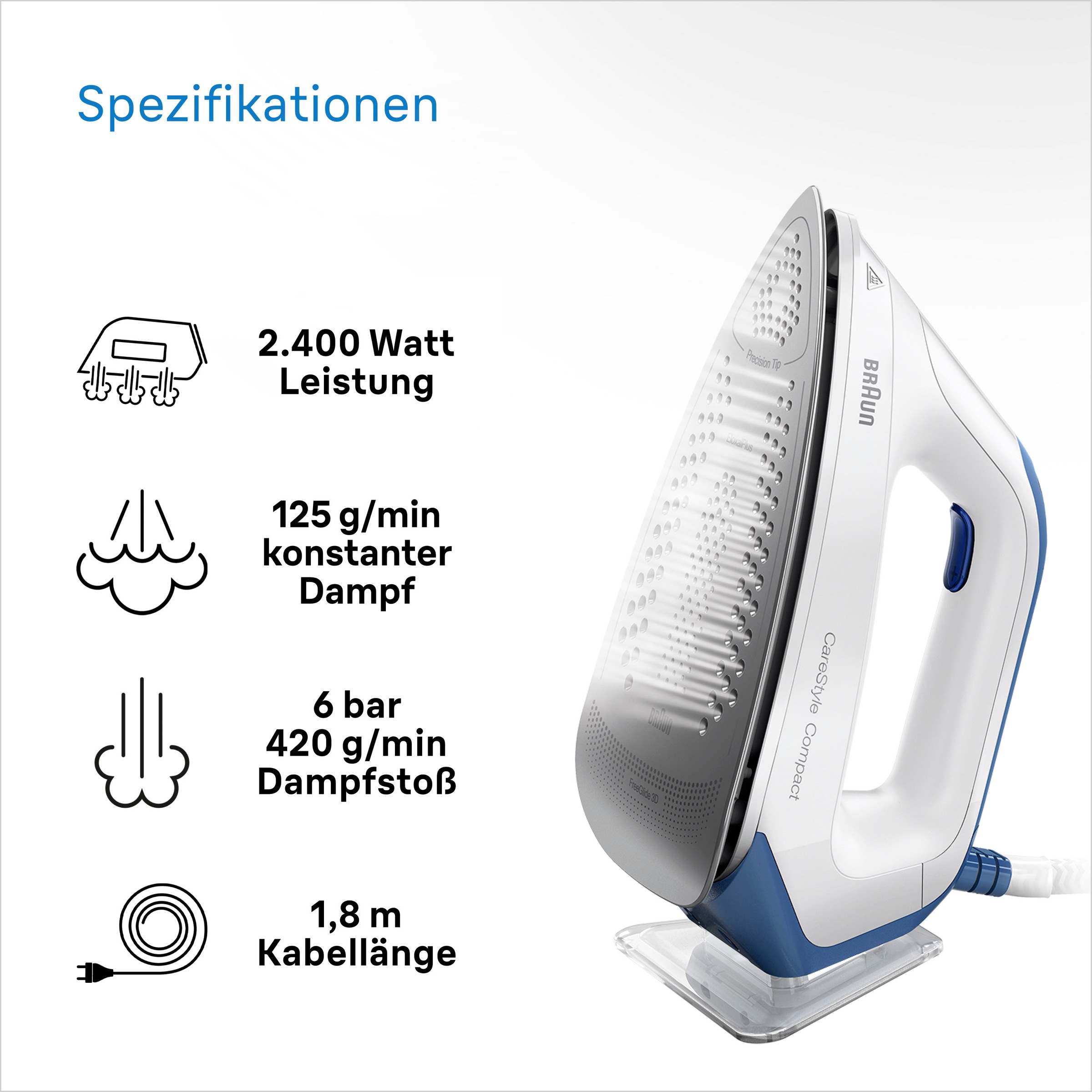 Thumbnail - Braun Dampfbügelstation "CareStyle Compact IS 2143 BL - 6,0 bar, 420 g Dampfstoß 1,5 l Tank" 1.500 ml Wassertank 125 g D...