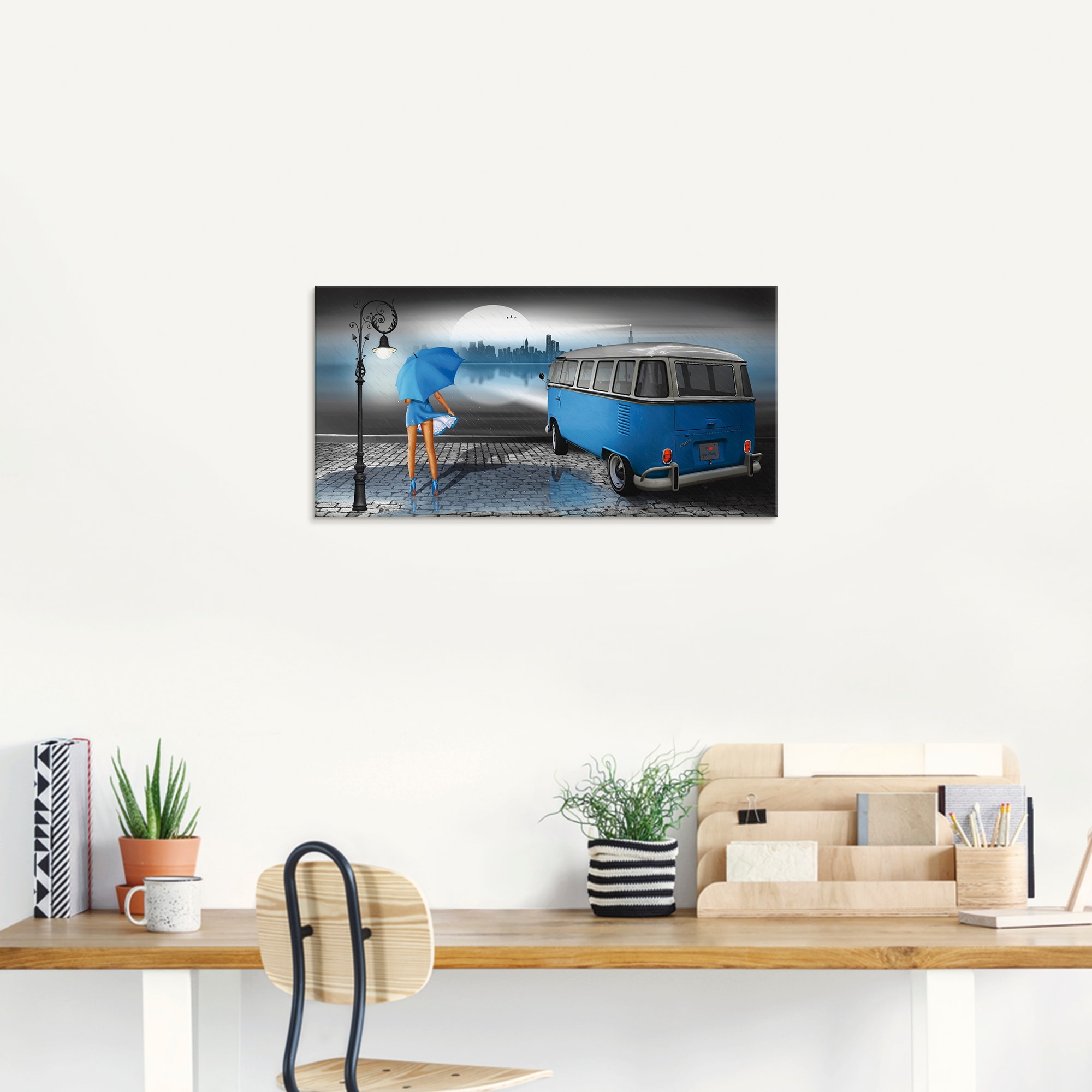 Artland Glasbild »Regennacht in Blau mit Camper T1«, Auto, (1 St.), in verschiedenen Größen