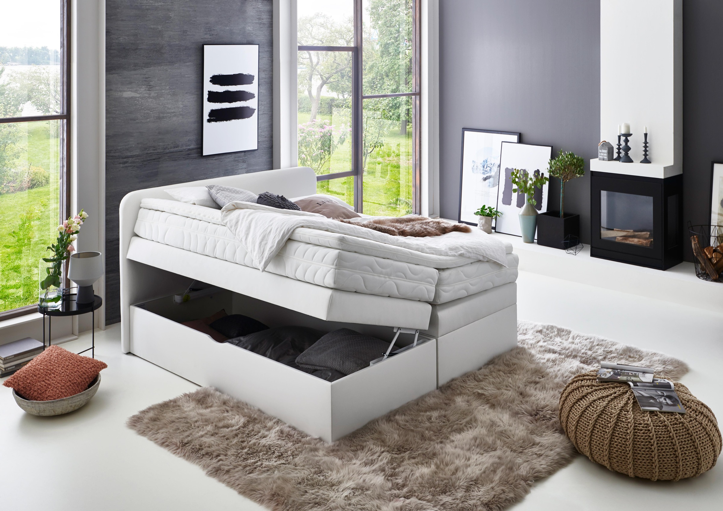 Boxspringbett, weiß, B:195cm L:212cm, Box und Kopfteil: Microvelours (100% Polyester) oder Kunstleder (Polyurethan);Bezug der Obermatratze: 100% Polyester, WESTFALIA SCHLAFKOMFORT, Komplettbetten, Boxspringbett, wahlweise mit Bettkasten 10