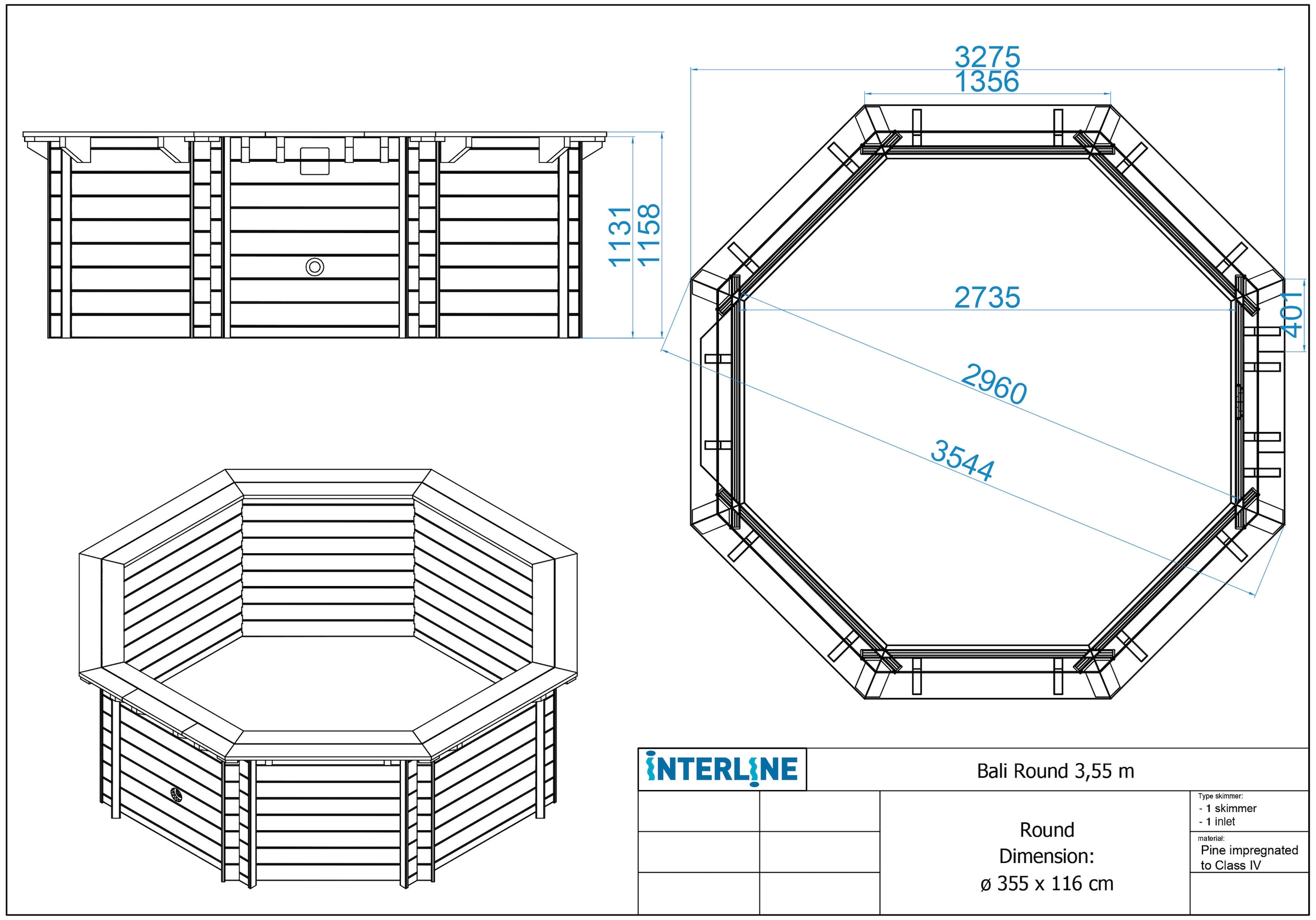 Interline Achteckpool »Java«, (Komplett-Set, inkl. Wärmepumpe, Skimmer und Holzleiter), ØxH: 355x116 cm