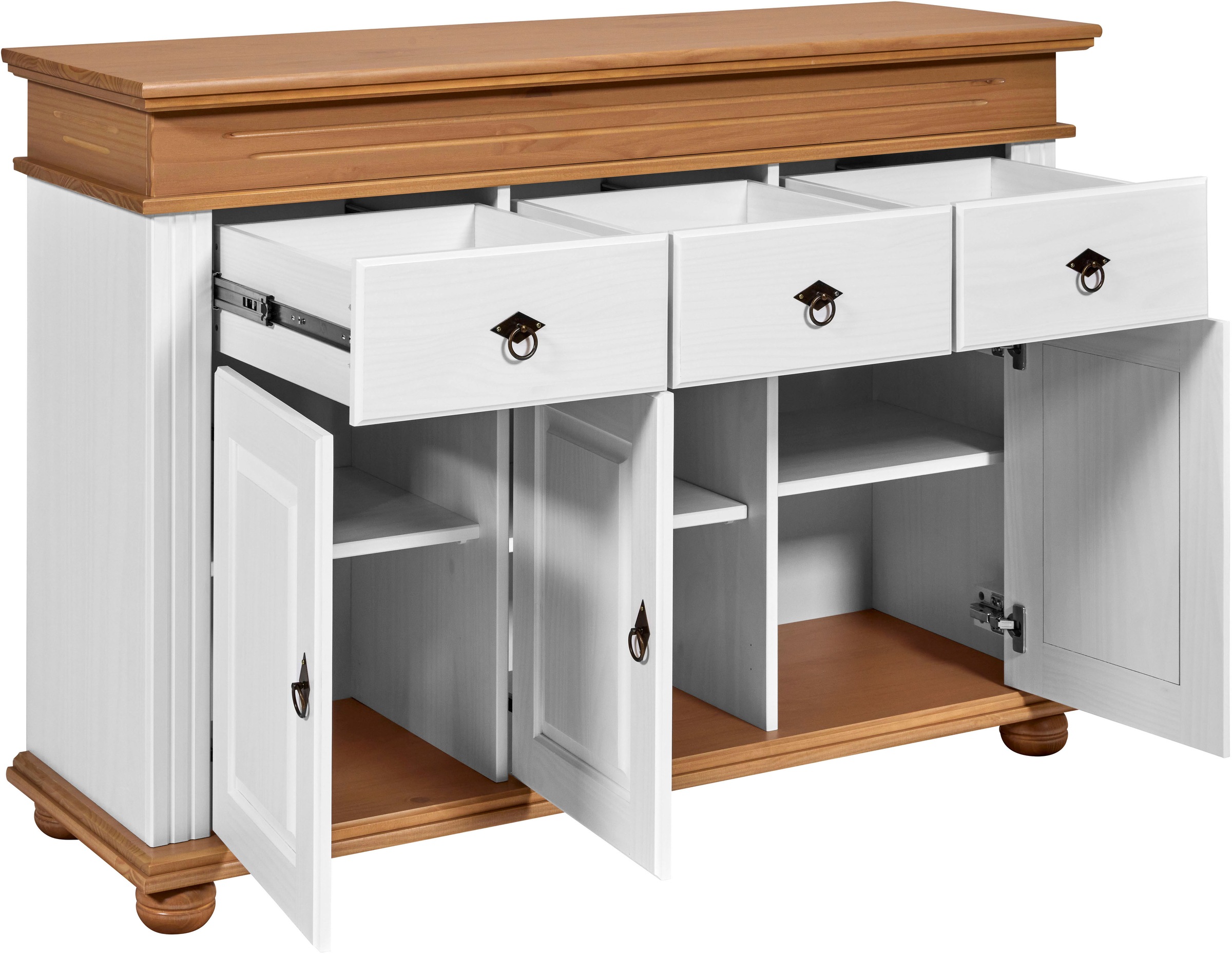 Inter Link Anrichte »Halmaro, Kiefer Massivholz, Soft-close, 141 x 46 x 100 cm, Stauraum« 1 Stk. tlg. Sideboard in Weiss, Braun/Oak, Landhausstil, 3 Türen, 3 Schubladen