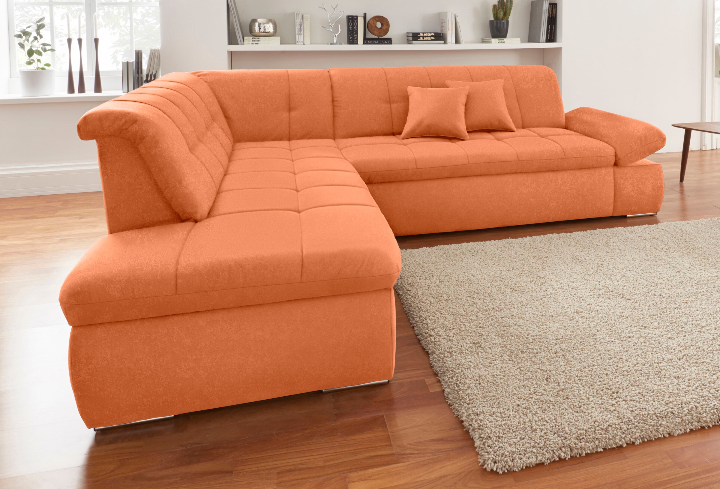 DOMO collection Ecksofa "NMORIC inkl. Zierkissen 273x216x80 cm L-Form" Ottomanen-Abschluss, wahlweise mit Bettfunktion und Armlehnverstellung
