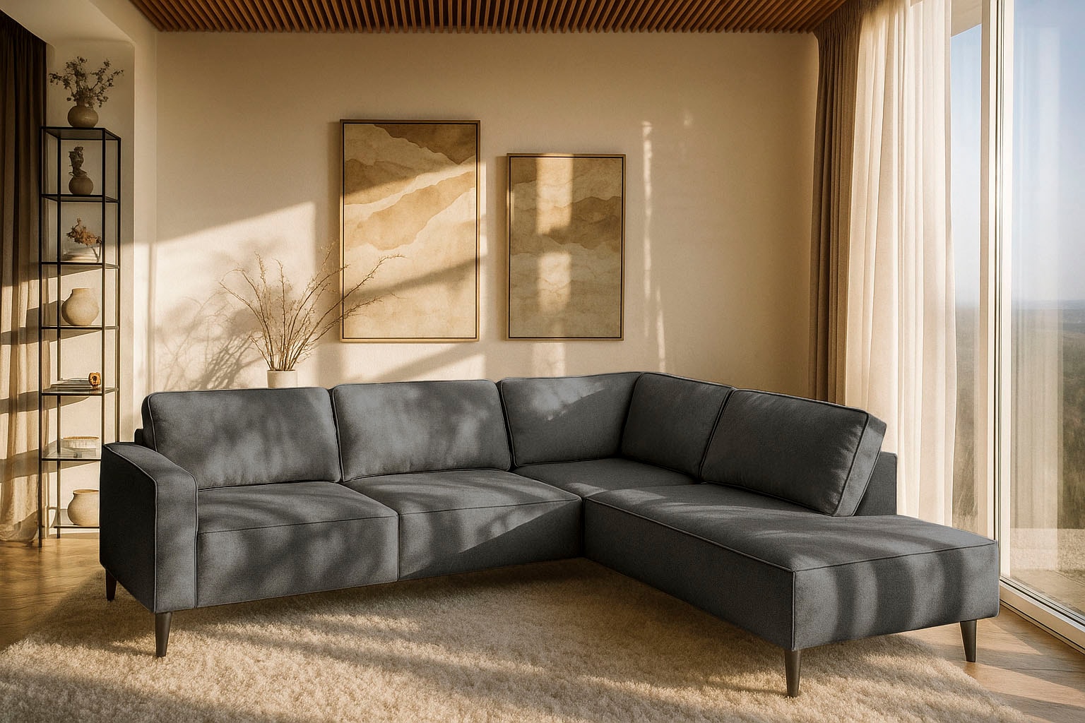 OTTO home Ecksofa "Fumone, Lederoptik oder Soft-Touch Chenille" Breite 260, mit schwarzen Massivholzfüßen
